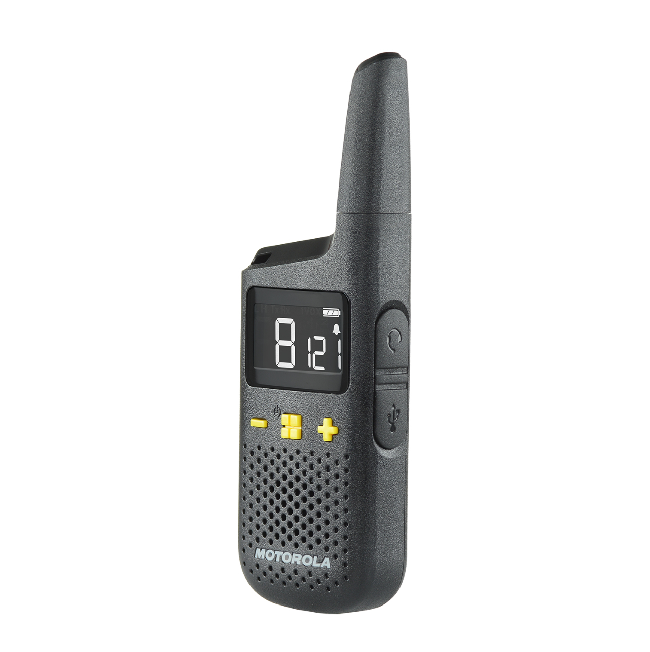Un walkie-talkie Motorola gris oscuro, que muestra 8:21 en la pantalla, con botones de volumen y encendido. Es un dispositivo de radio portátil.