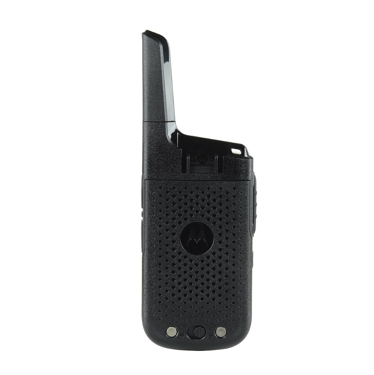 Un walkie-talkie Motorola negro, visto de lado, con antena extendida. Tiene una superficie texturizada con el logotipo.