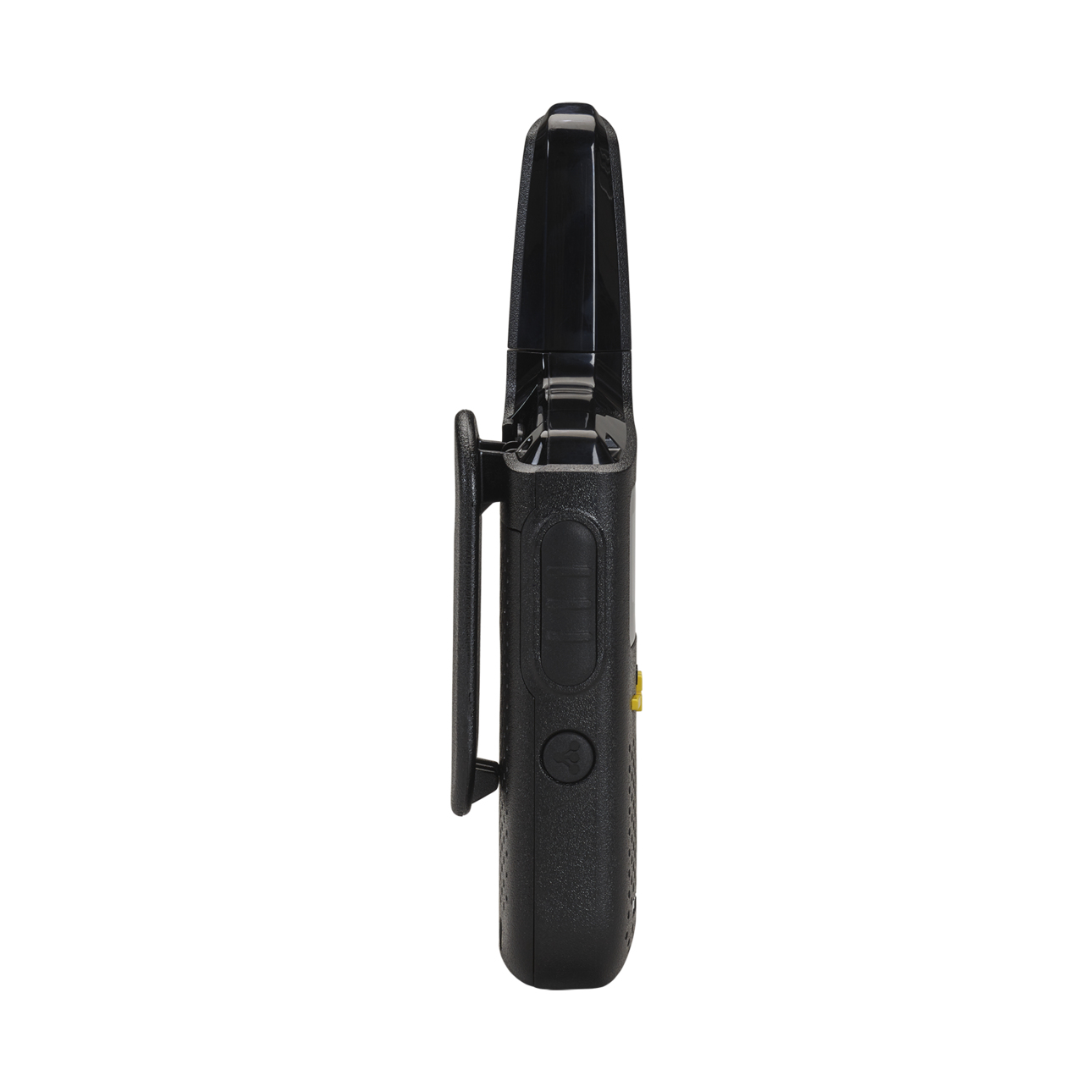 Un walkie-talkie negro con clip para cinturón, visto de perfil sobre fondo blanco.