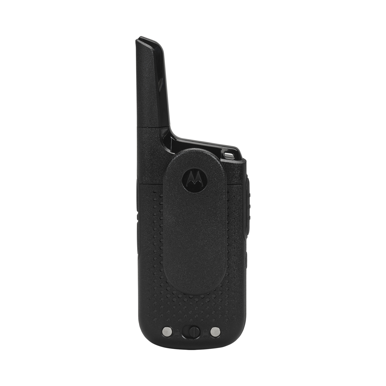 Un walkie-talkie Motorola negro, vista lateral, con antena. Tiene un clip para cinturón y dos botones abajo.