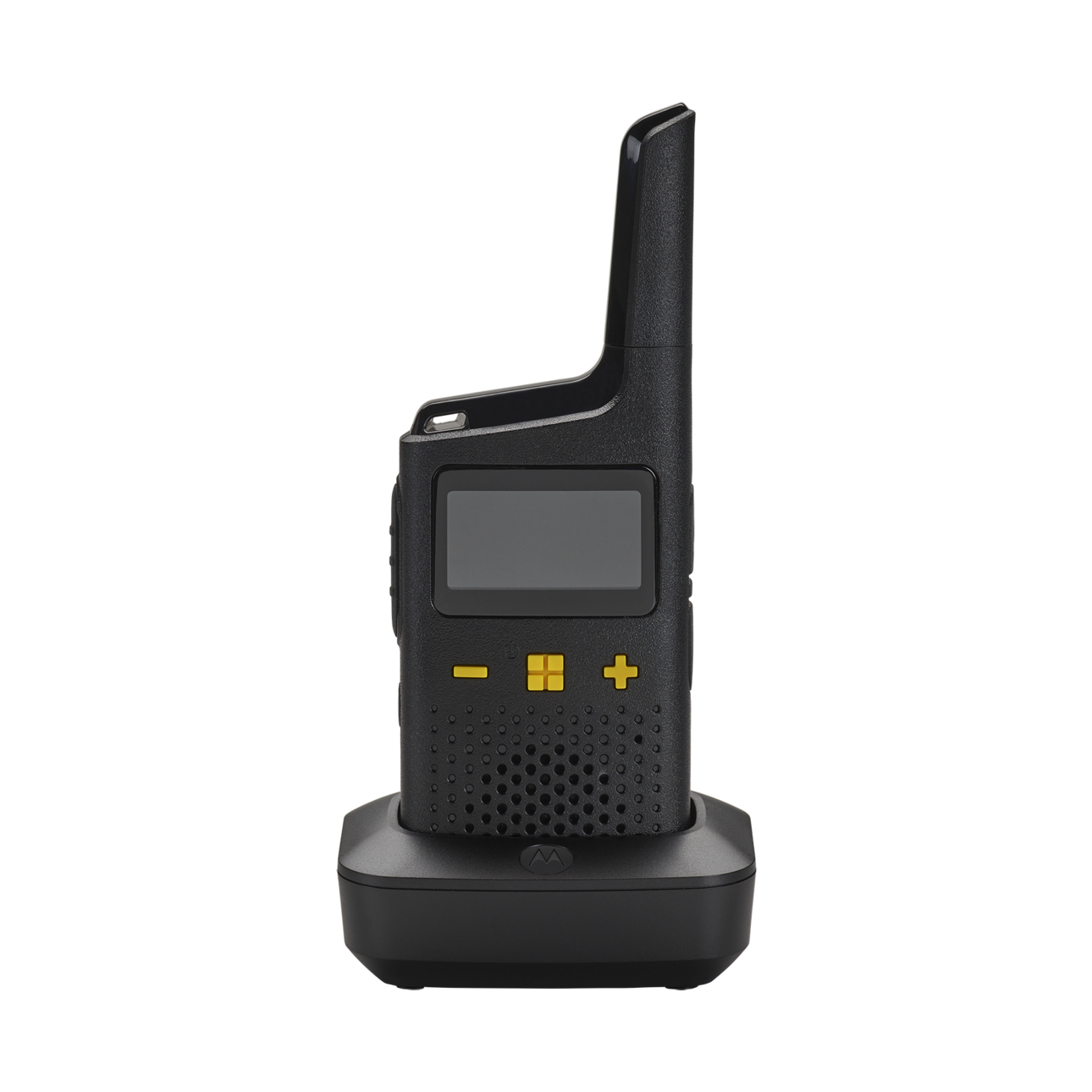 Walkie-talkie negro con antena, pantalla y botones, en una base de carga negra, sobre fondo blanco.