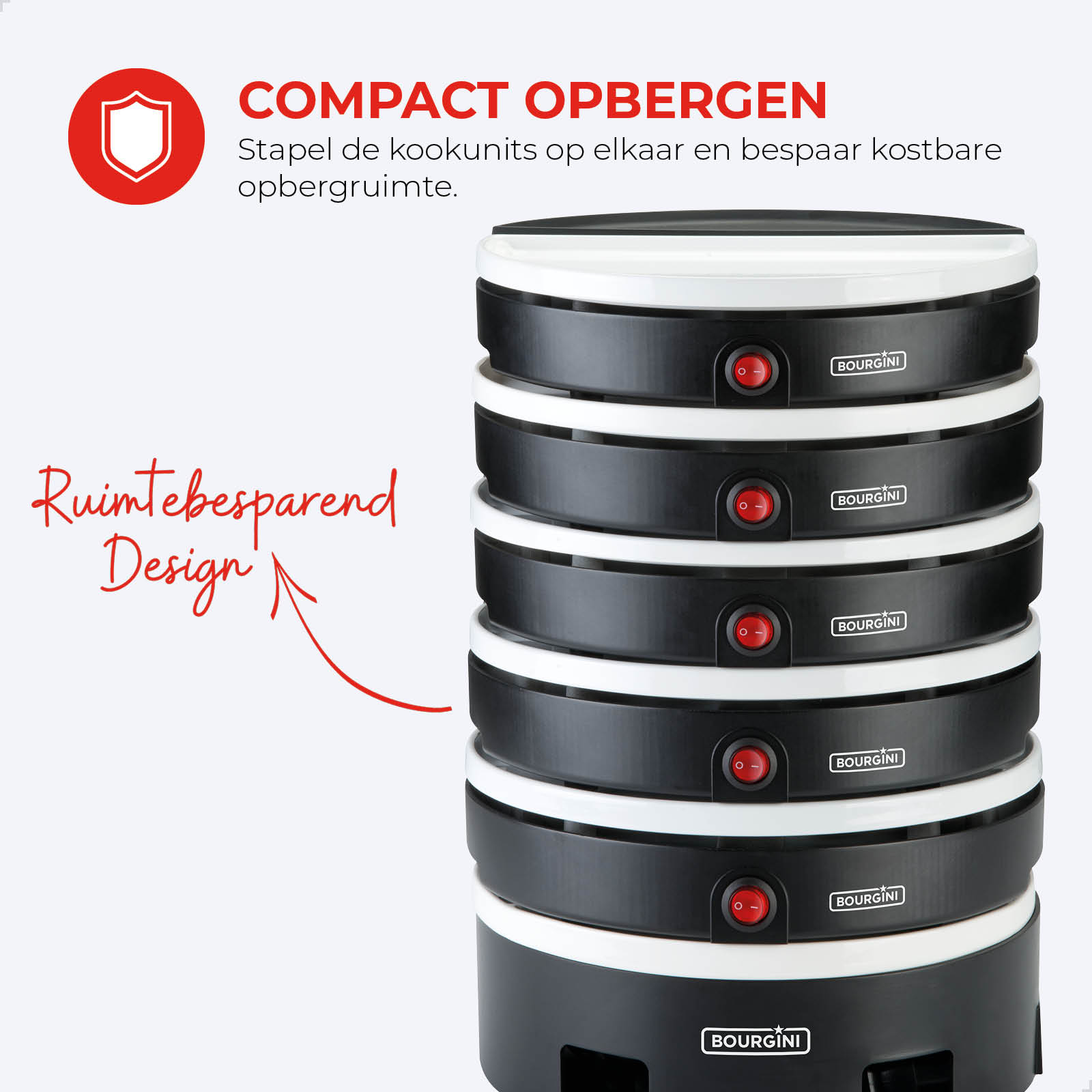 A stack of black and white cooking units with red buttons. Text says 'Compact' and 'Space-saving Design'.
