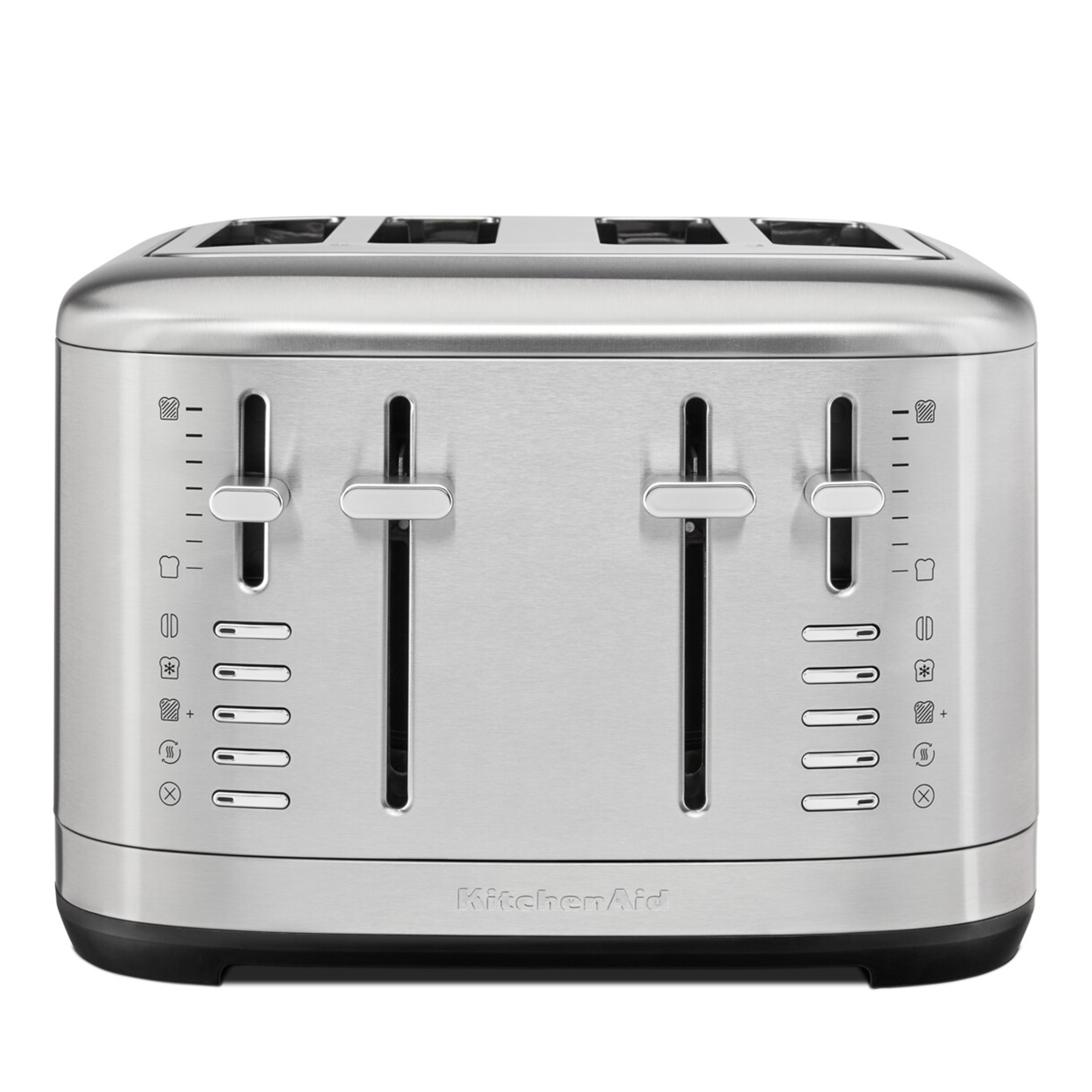 Ein silberner KitchenAid 4-Scheiben-Toaster mit Hebeln und Einstellungen für verschiedene Röstoptionen.