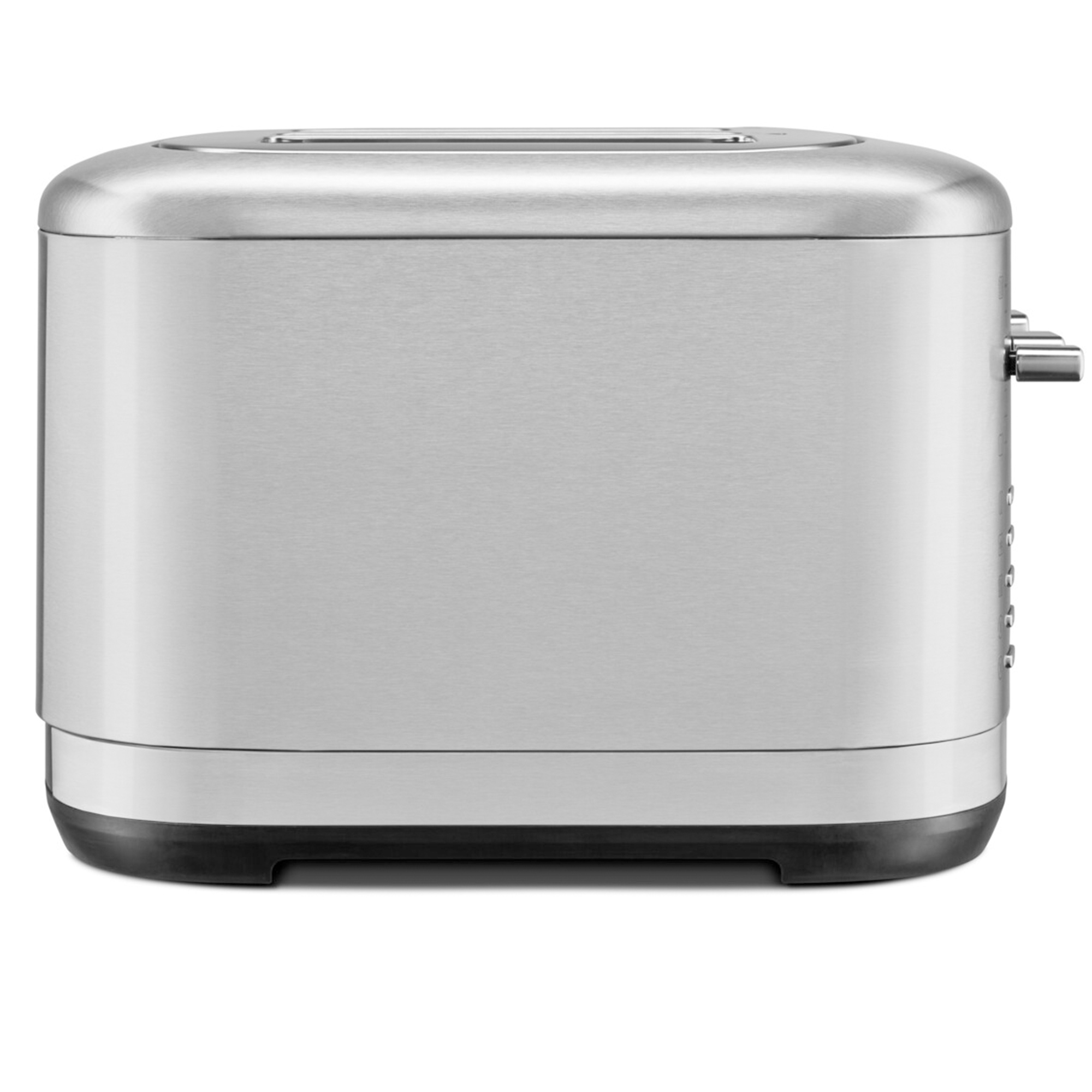 Ein Toaster aus Edelstahl mit schwarzem Sockel. Er hat zwei Schlitze und Bedienhebel an der Seite.