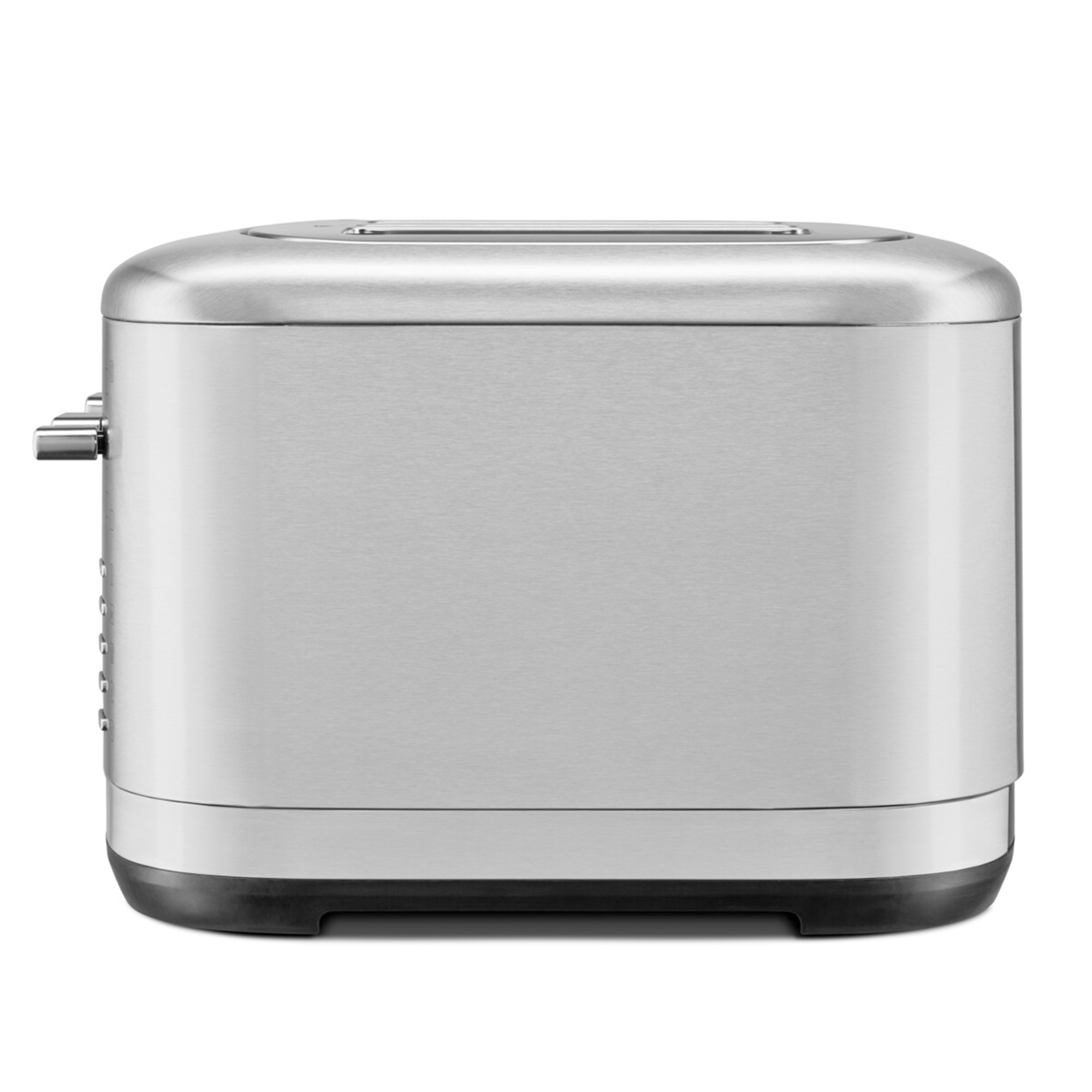 Ein Toaster aus Edelstahl mit schwarzem Sockel und Bedienhebeln. Es ist eine Nahaufnahme auf weißem Hintergrund.