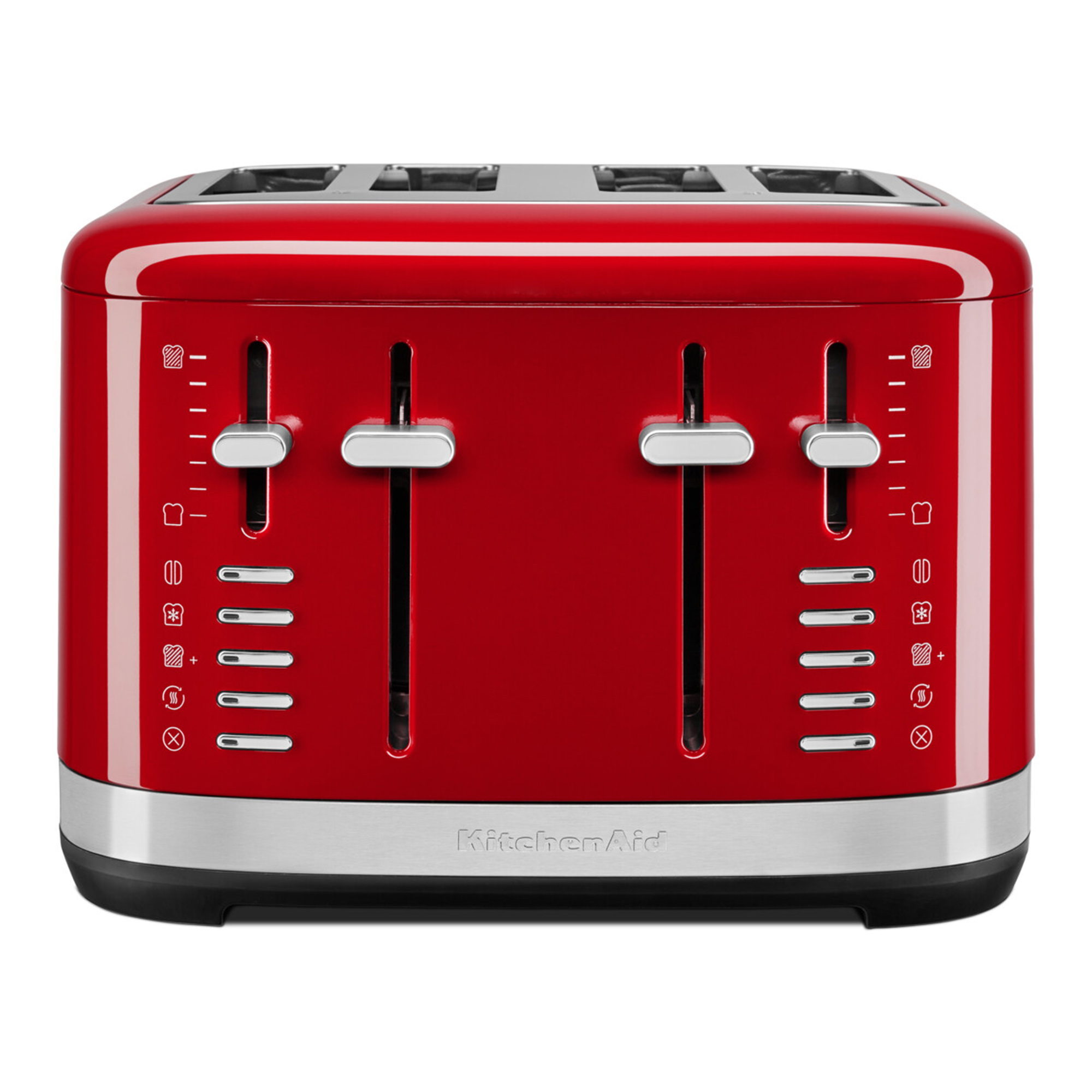Un tostapane KitchenAid rosso a 4 fette. Ha una base e una parte superiore in acciaio inossidabile con pulsanti e leve.
