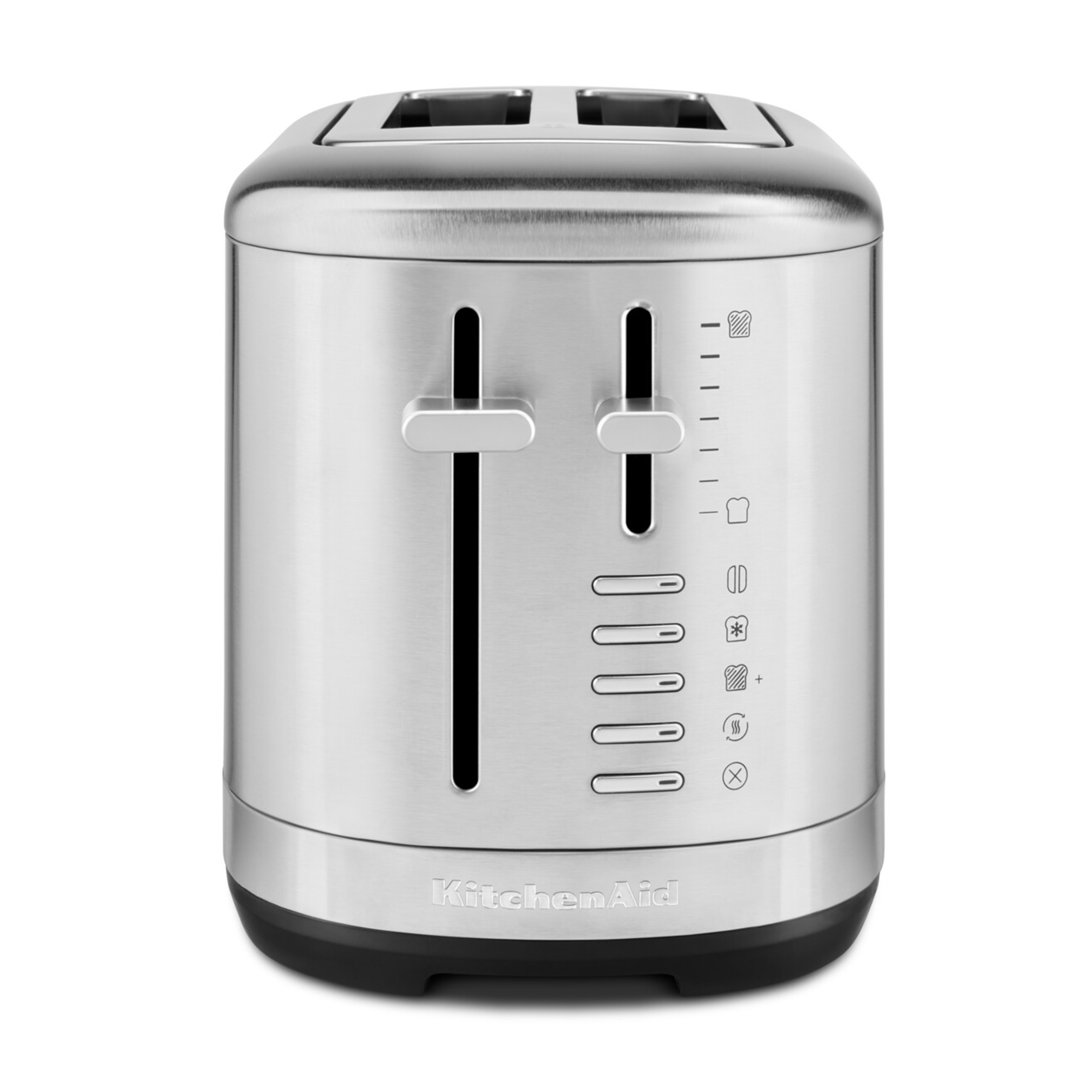 Ein Edelstahl-KitchenAid-Toaster. Er hat zwei Schlitze für Brot, einen Hebel und Bedienelemente.