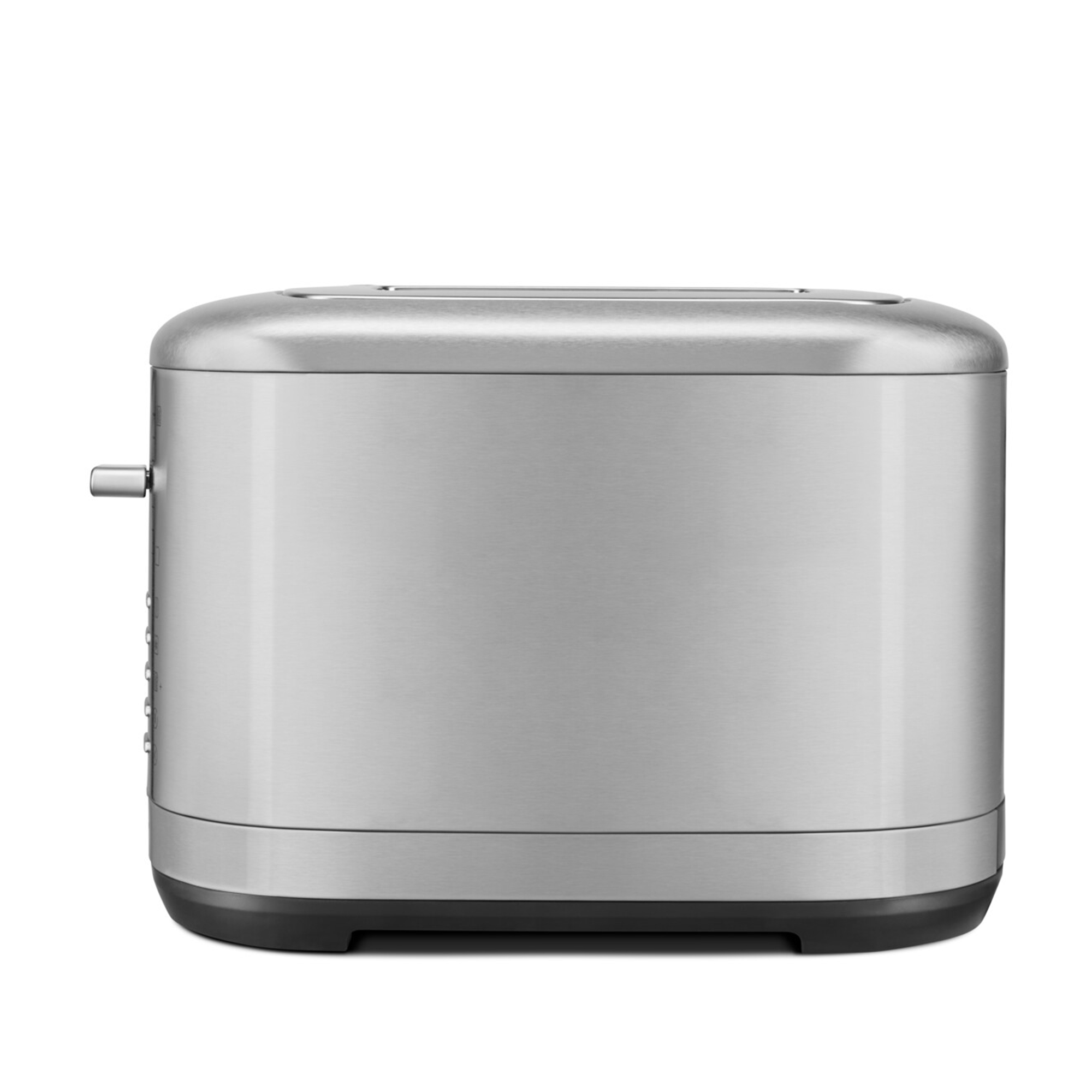 Ein Edelstahl-Toaster steht vor weißem Hintergrund. Er hat einen schwarzen Sockel und einen Hebel an der Seite.