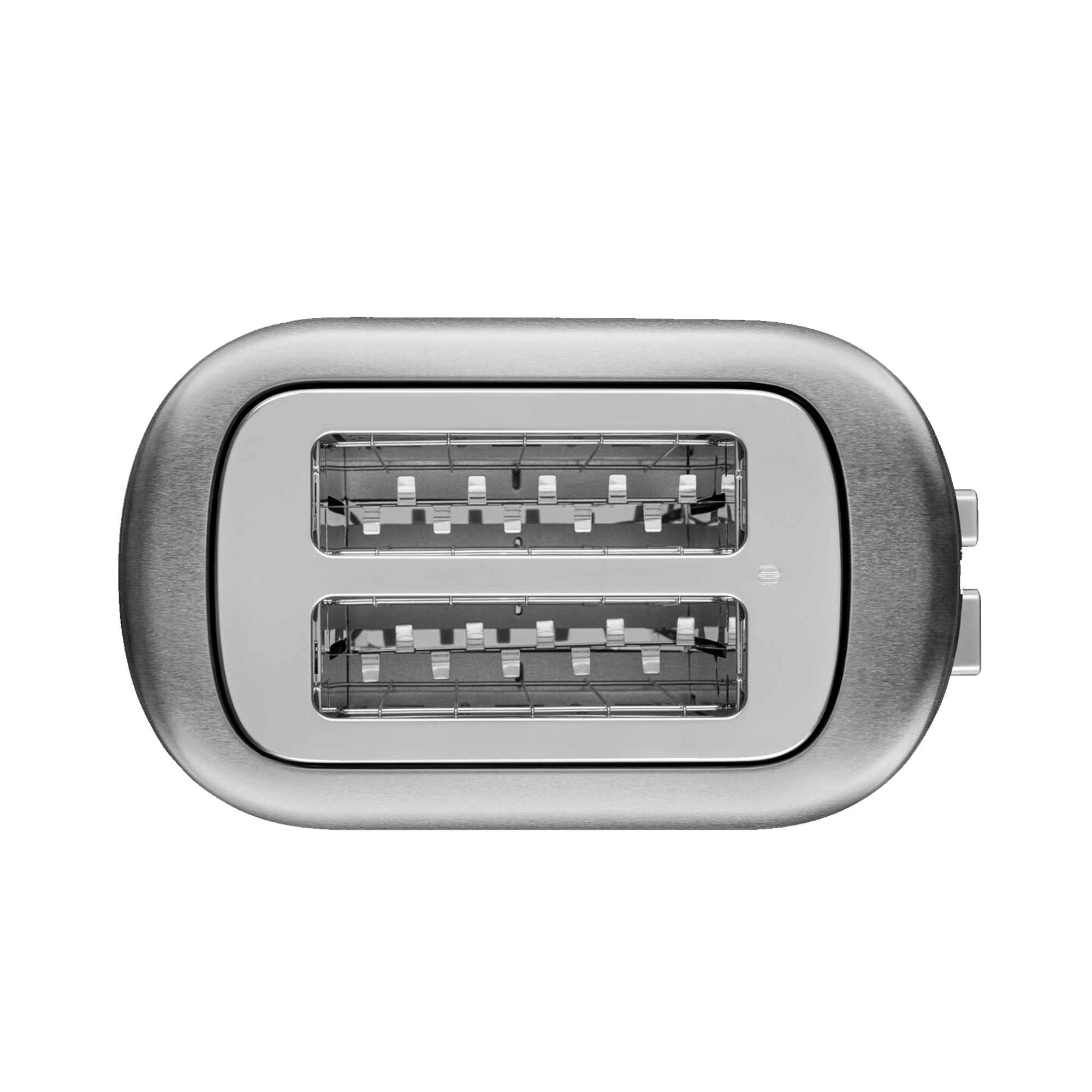 Nahaufnahme eines Toasters aus Edelstahl mit zwei Schlitzen und Heizelementen. Das Gerät steht vor weißem Hintergrund.