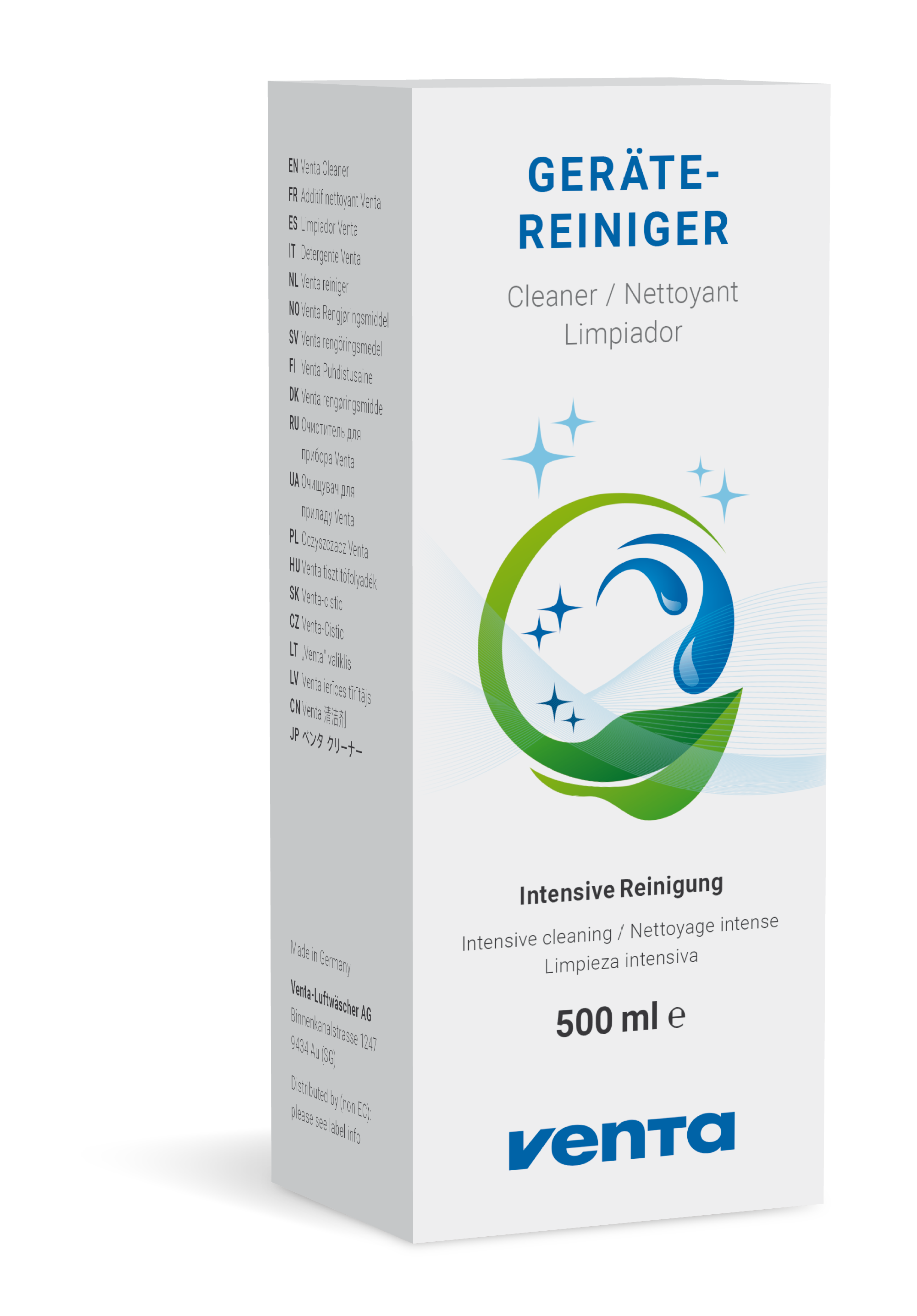 Eine weiße Box mit deutschem Text und einem grün-blauen Design, die ein Reinigungsmittel bewirbt.