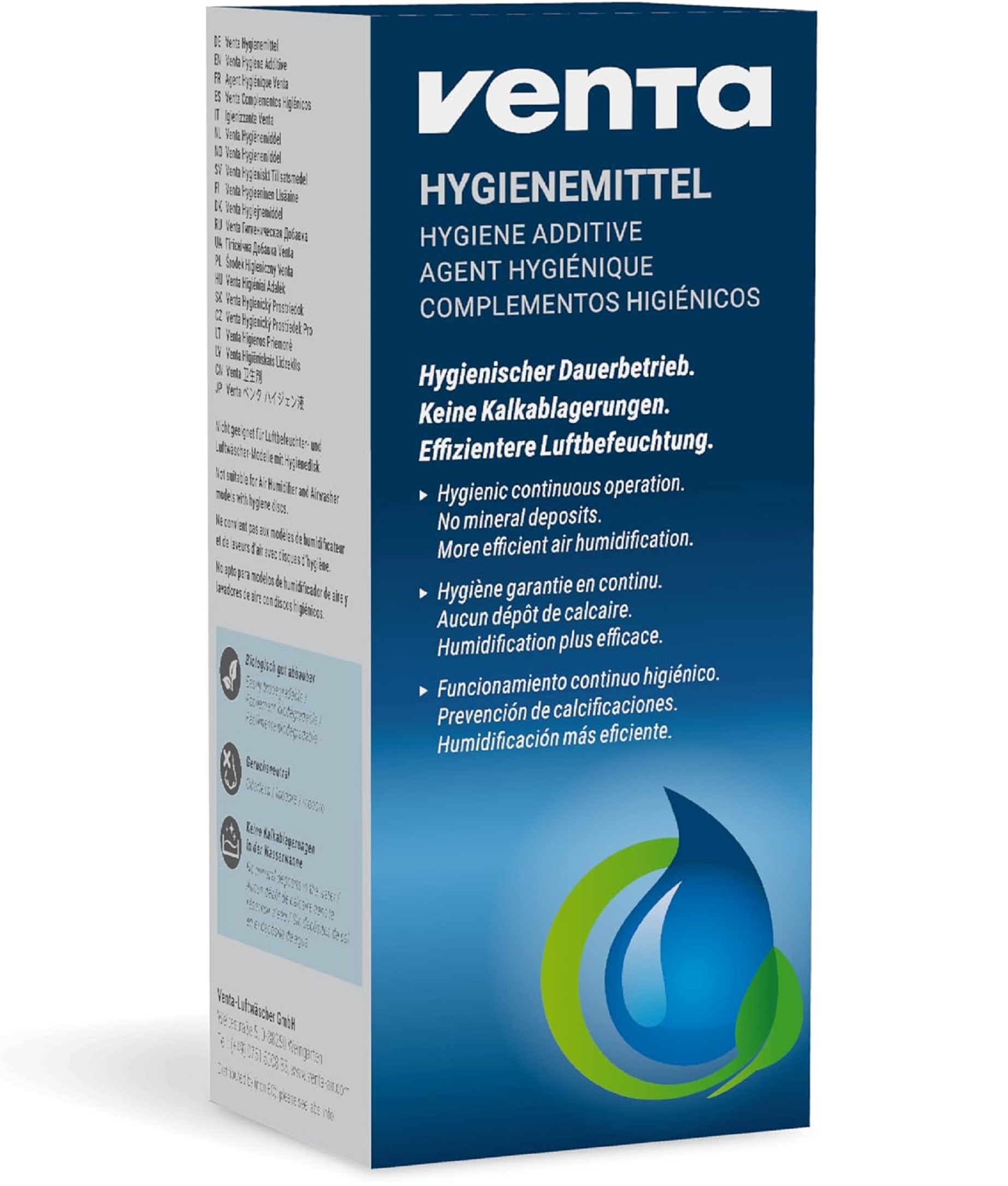 Produktbox mit Text in mehreren Sprachen, blaues Wassertropfen-Logo und weißem Hintergrund.