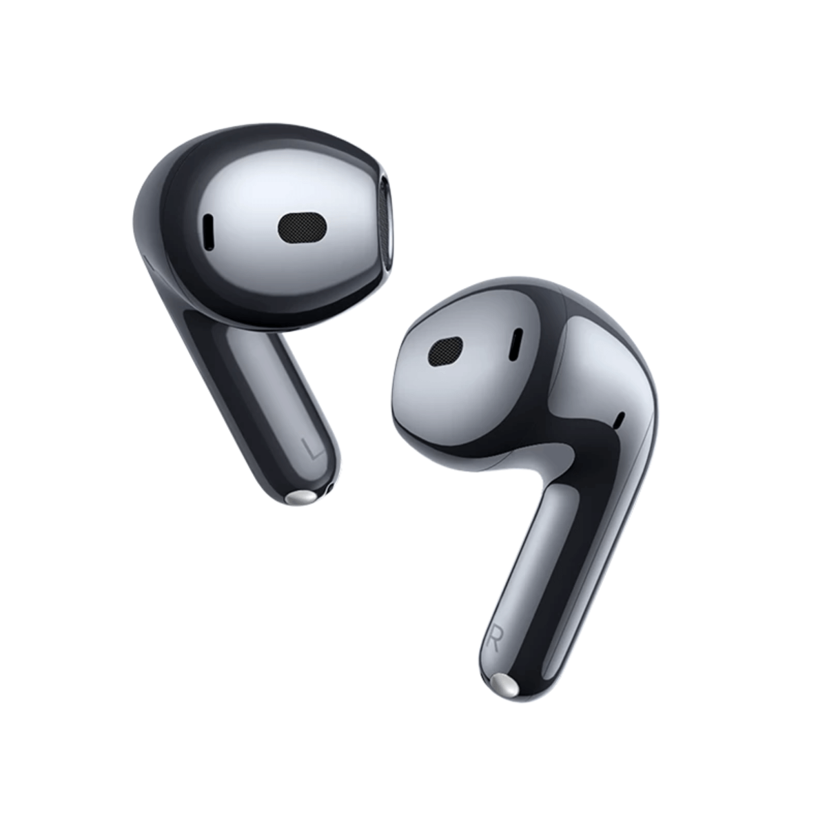 Due auricolari wireless grigio scuro lucido su sfondo bianco. Uno è contrassegnato 'L', l'altro 'R'. Entrambi hanno piccoli fori per altoparlanti.