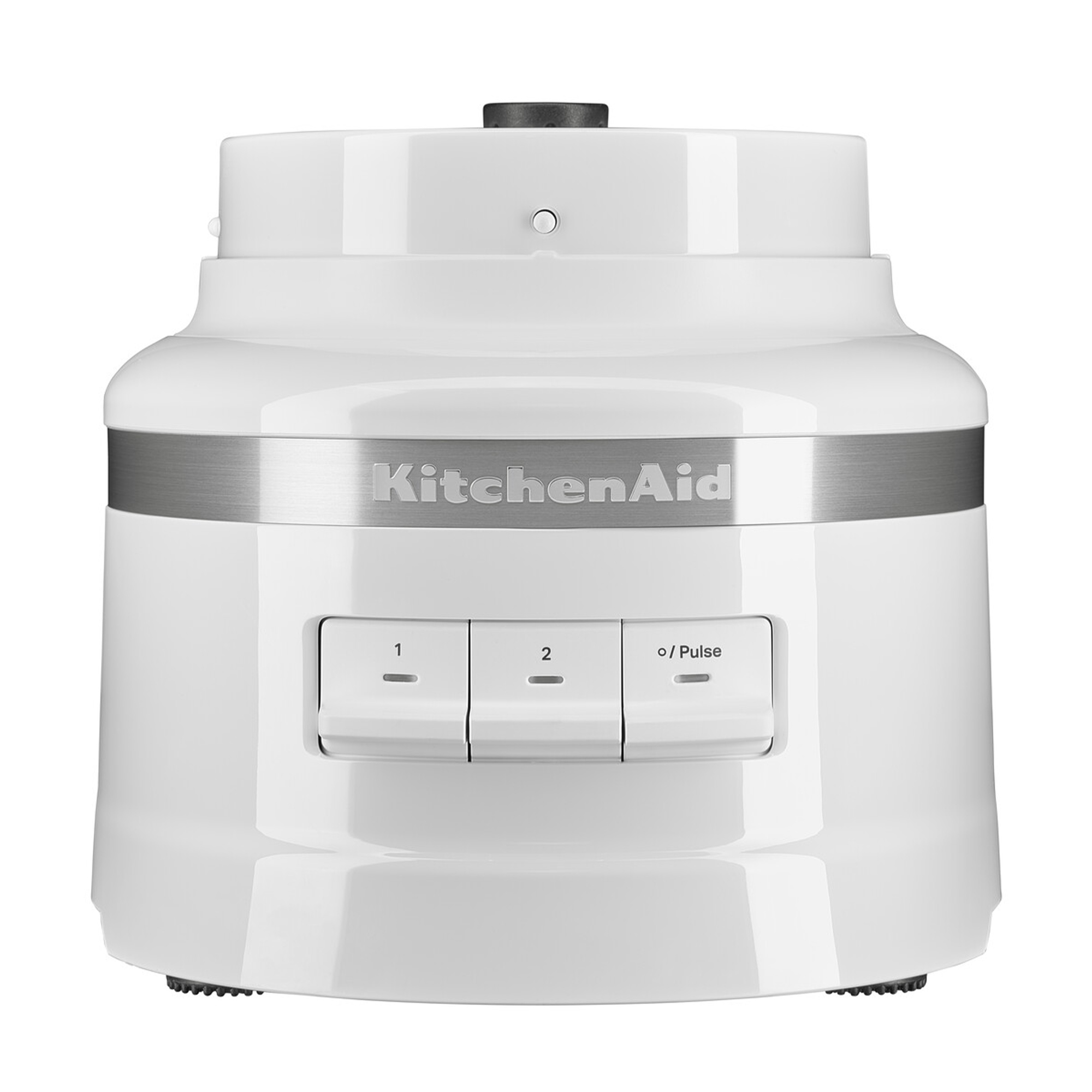 Ein weißer KitchenAid-Foodprozessor. Er hat ein silbernes Band, drei Knöpfe und einen schwarzen Deckel. Der Markenname ist sichtbar.