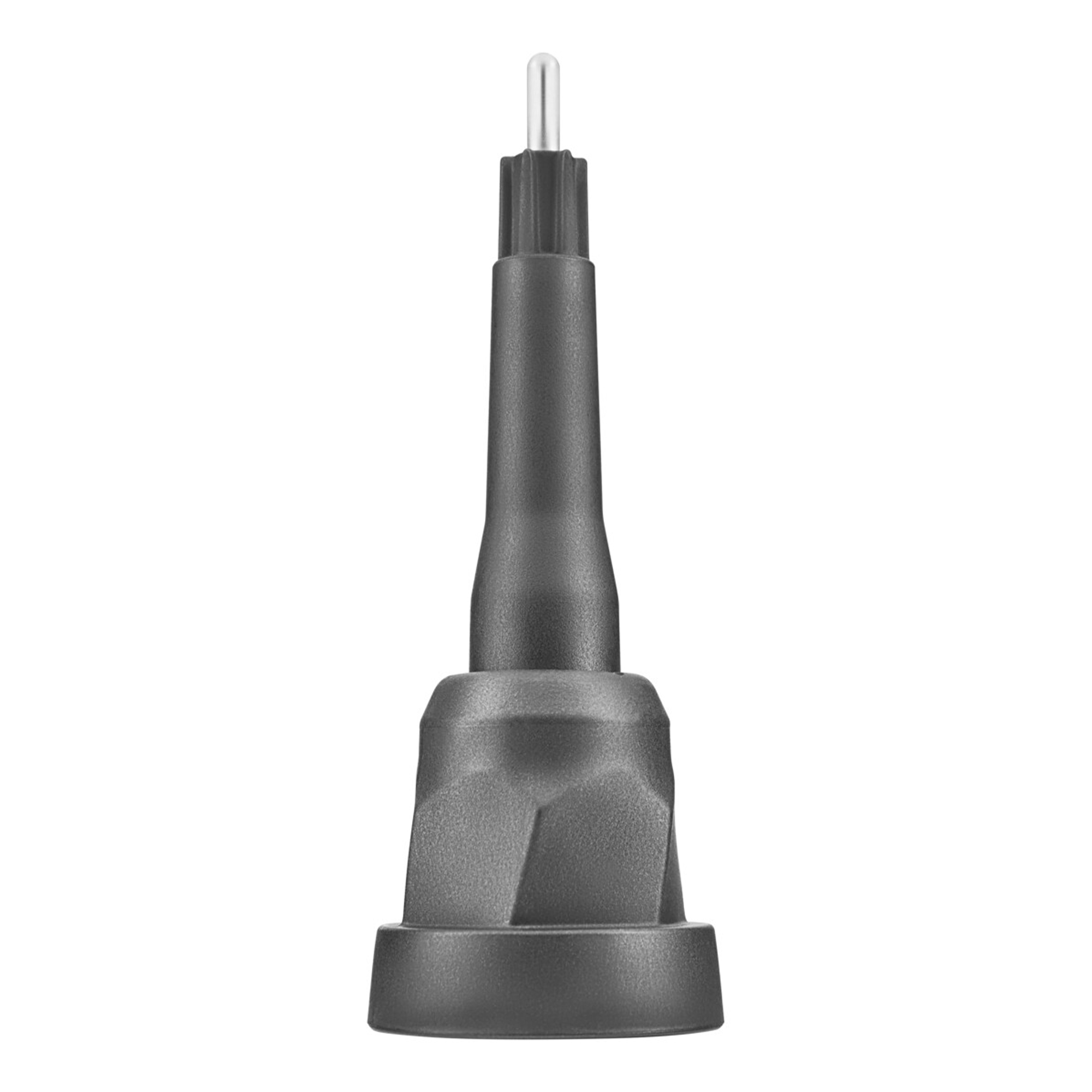Ein graues, metallisches Werkzeugspitze mit silberner Spitze. Es hat einen geriffelten Abschnitt und eine facettierte Basis.