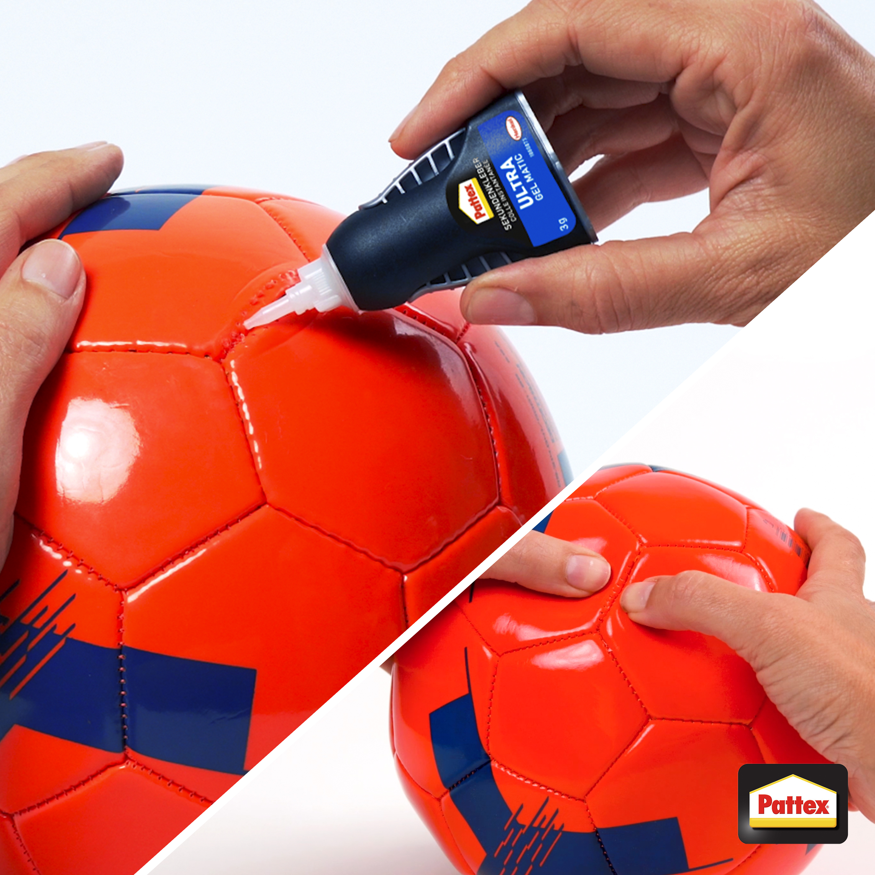 Hände, die Klebstoff auf einen orange-blauen Fußball auftragen. Der Kleber stammt aus einer Pattex-Flasche.