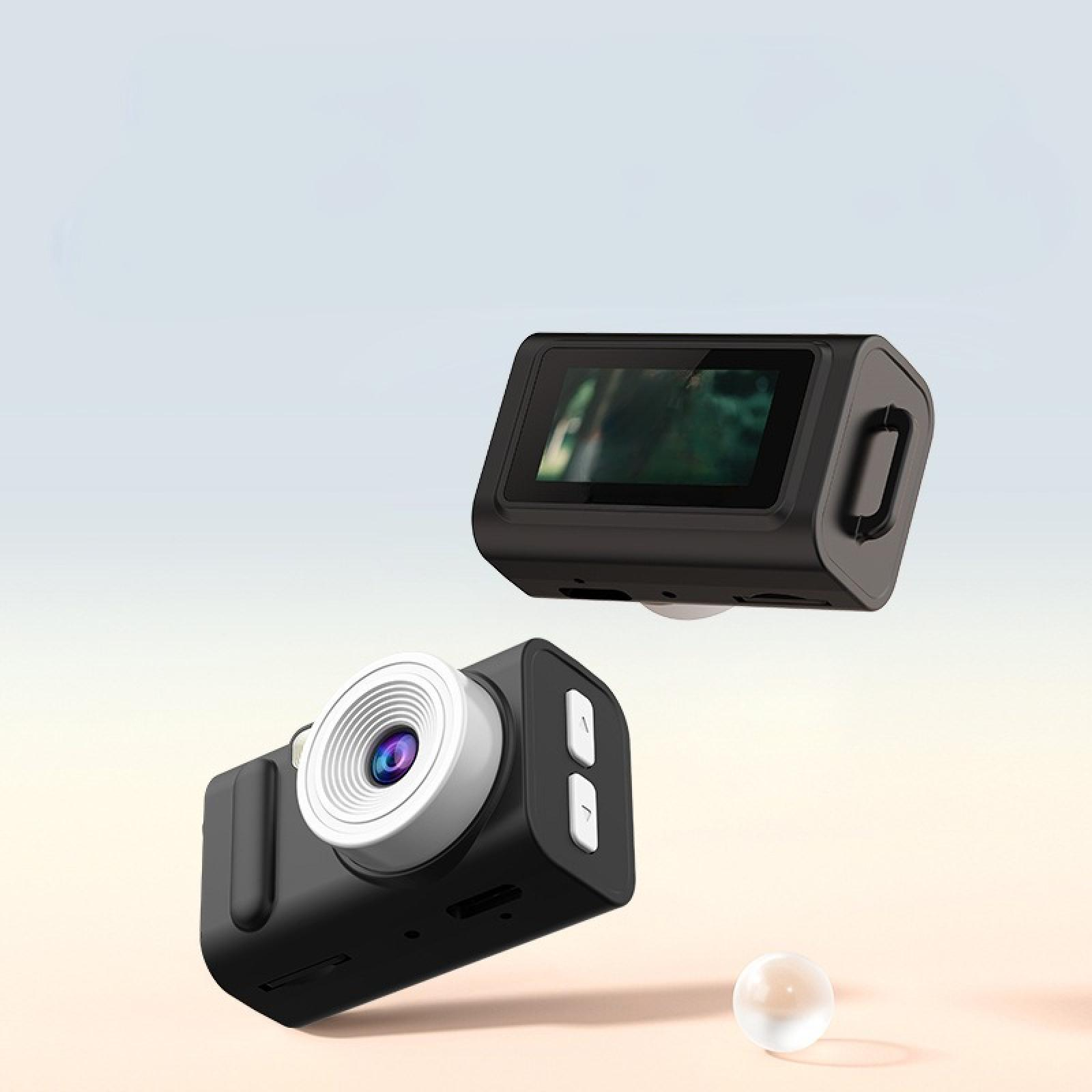 Zwei schwarze Dashcams mit weißen Akzenten schweben. Darunter liegt eine klare Kugel. Der Hintergrund ist hellblau und beige.