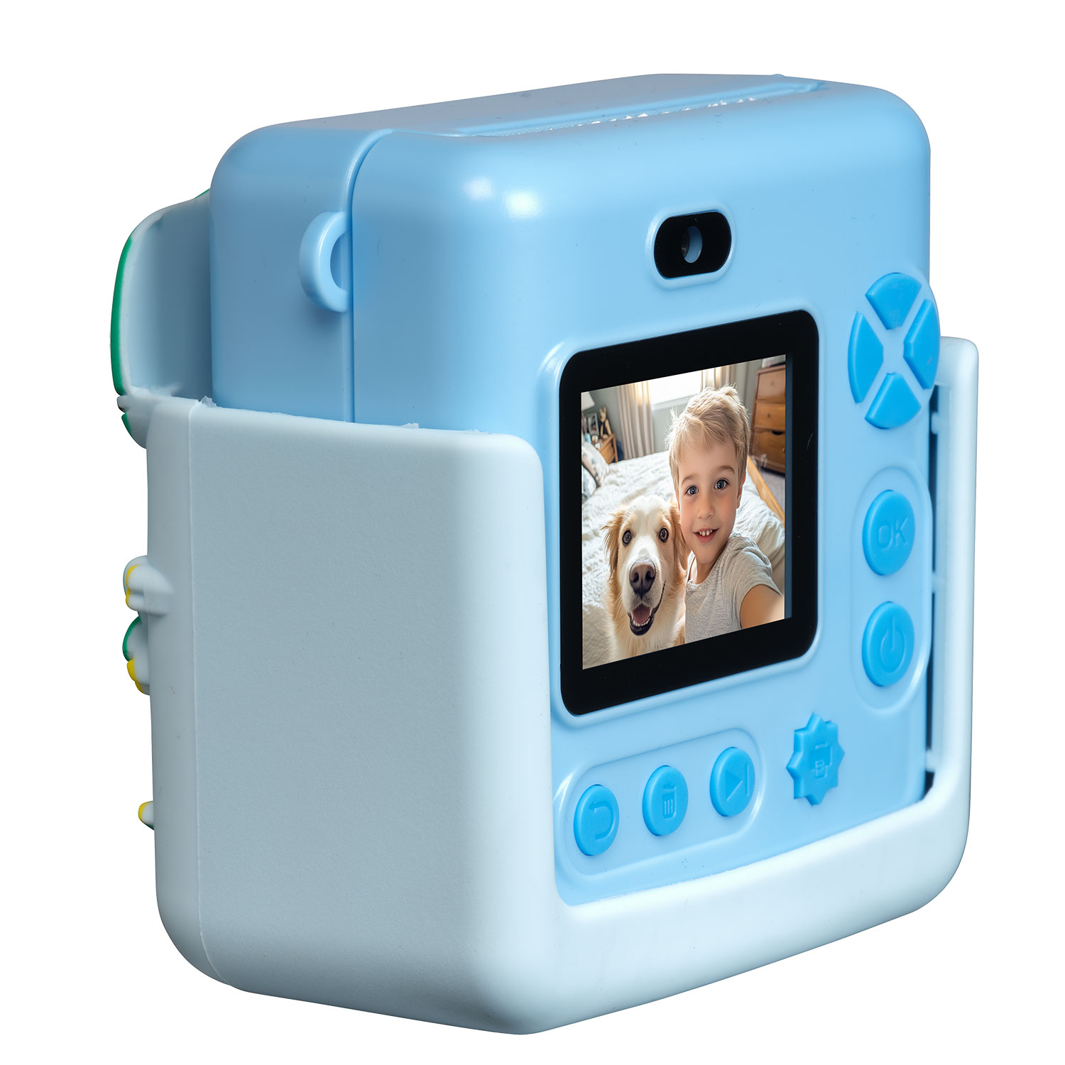 A light blue instant camera displaying a photo of a boy and dog. The camera has blue buttons and is on a white base.