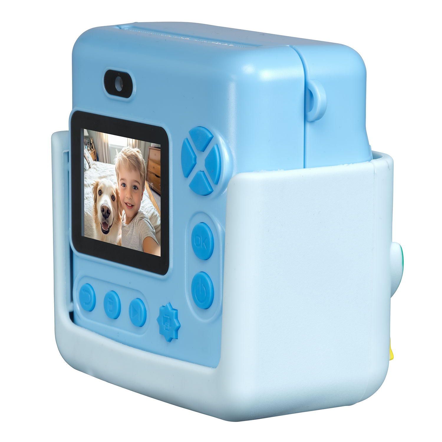 A light blue instant camera with a screen displaying a boy and a dog. Buttons are visible. White background.