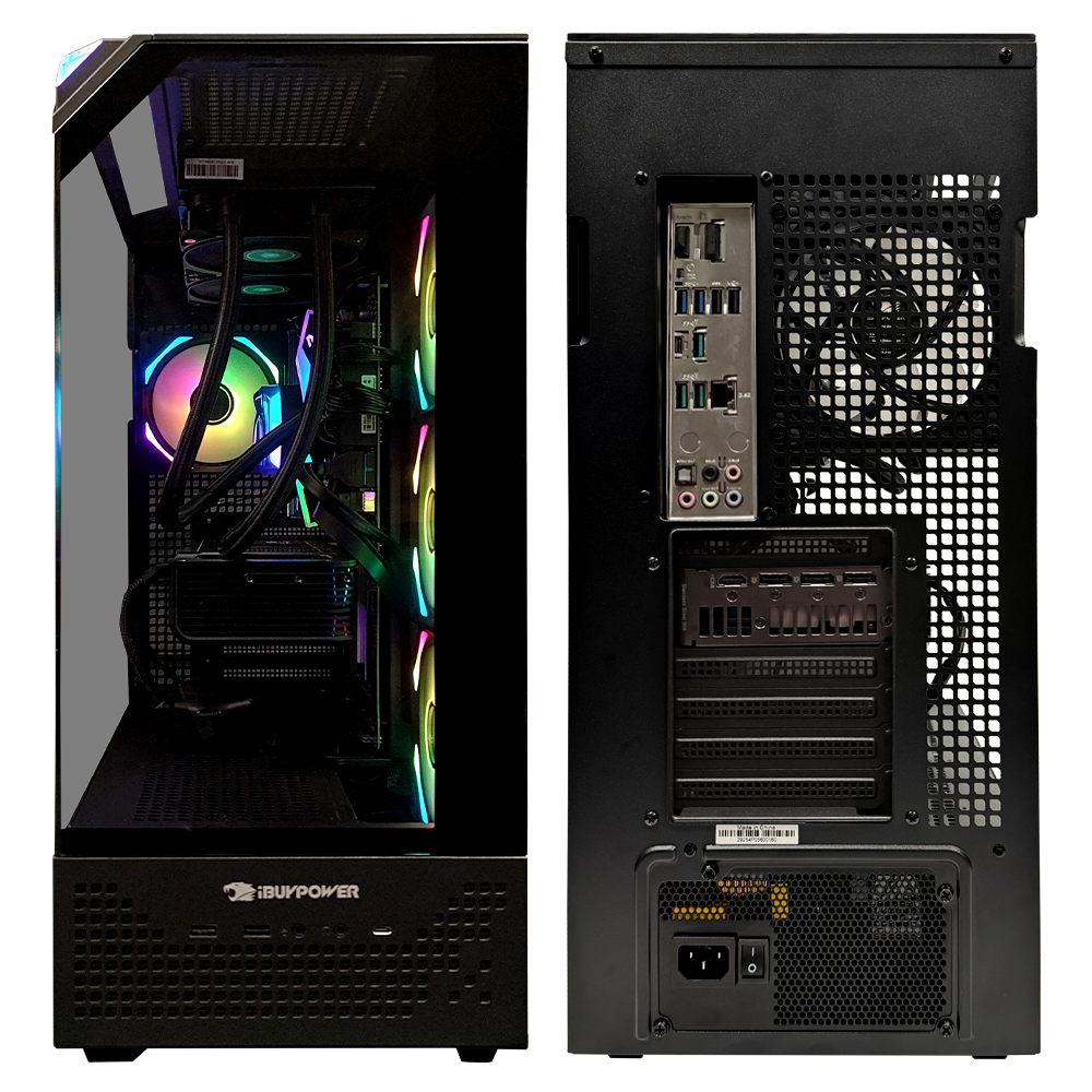 Una caja de computadora con componentes visibles a través del lado de vidrio. Interior tiene un refrigerador con luces RGB. La parte trasera muestra puertos y ventilador.