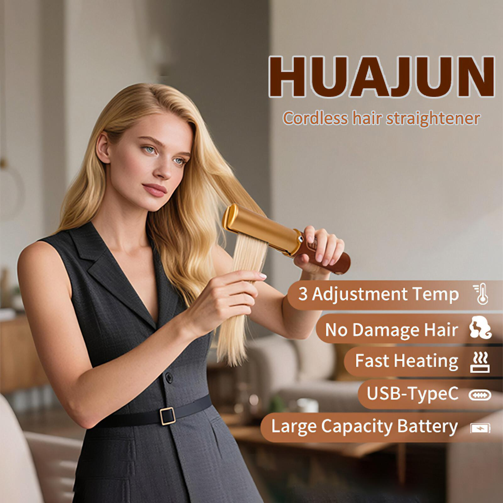 Eine Frau benutzt einen goldenen Haarglätter. Das Produkt ist HUAJUN, kabellos. Eigenschaften: Temp, kein Schaden, schnelles Heizen, USB-C, großer Akku.