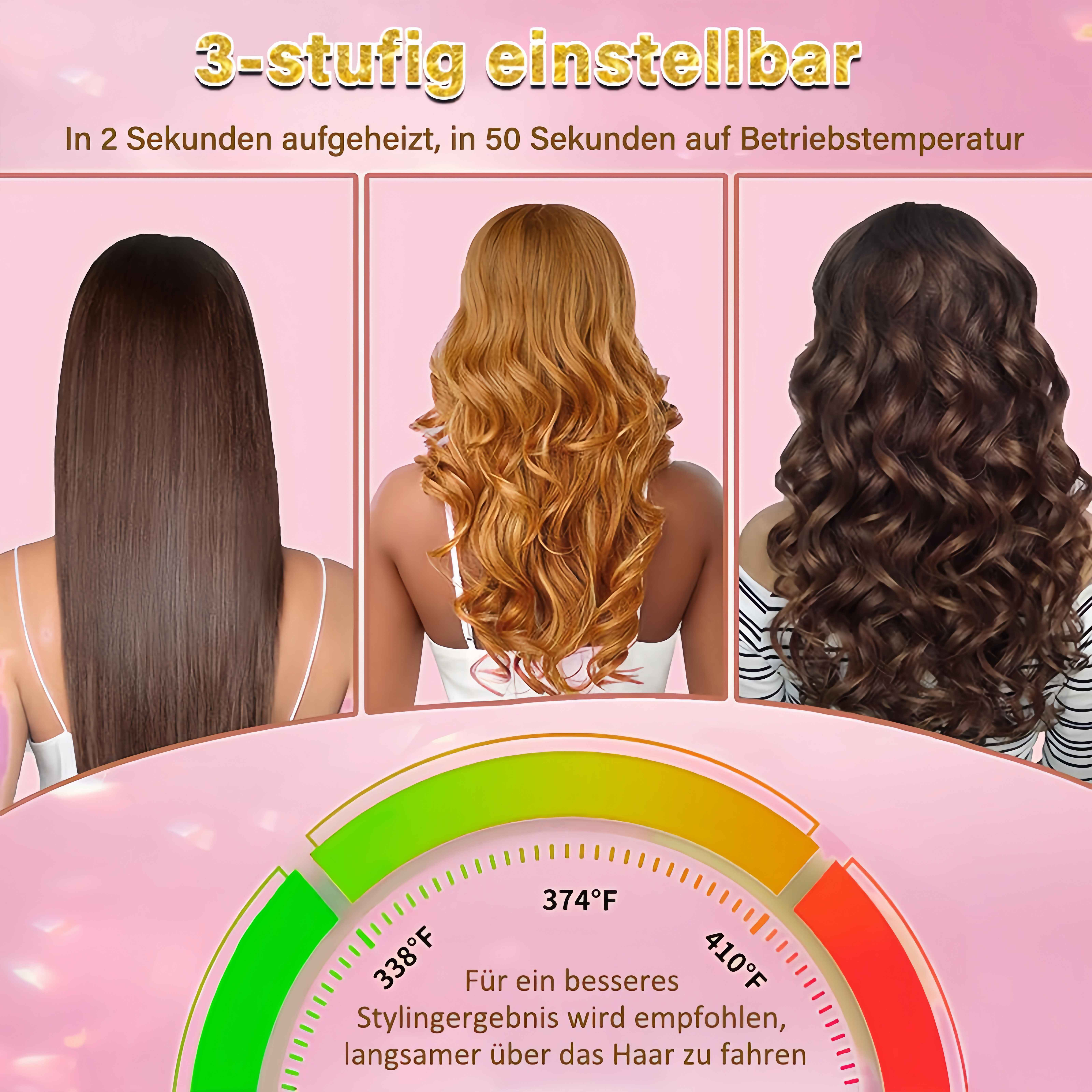 Das Bild zeigt drei Frauen mit verschiedenen Frisuren, eine Temperaturanzeige und Text über die Aufheizzeit.