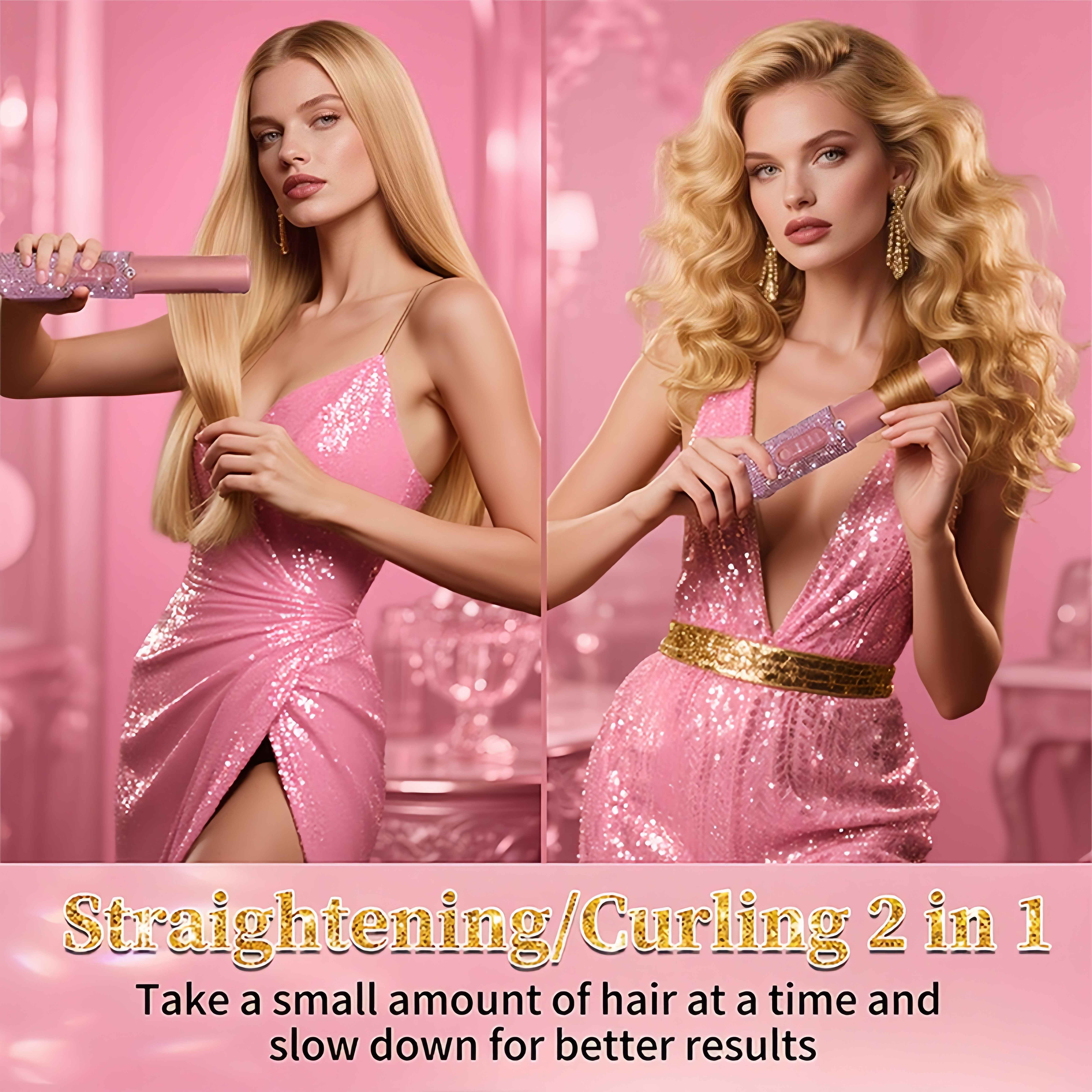 Zwei Frauen, eine mit glattem Haar, die andere mit Locken, halten Haarglätter. Pinke Kleider und Hintergrund.
