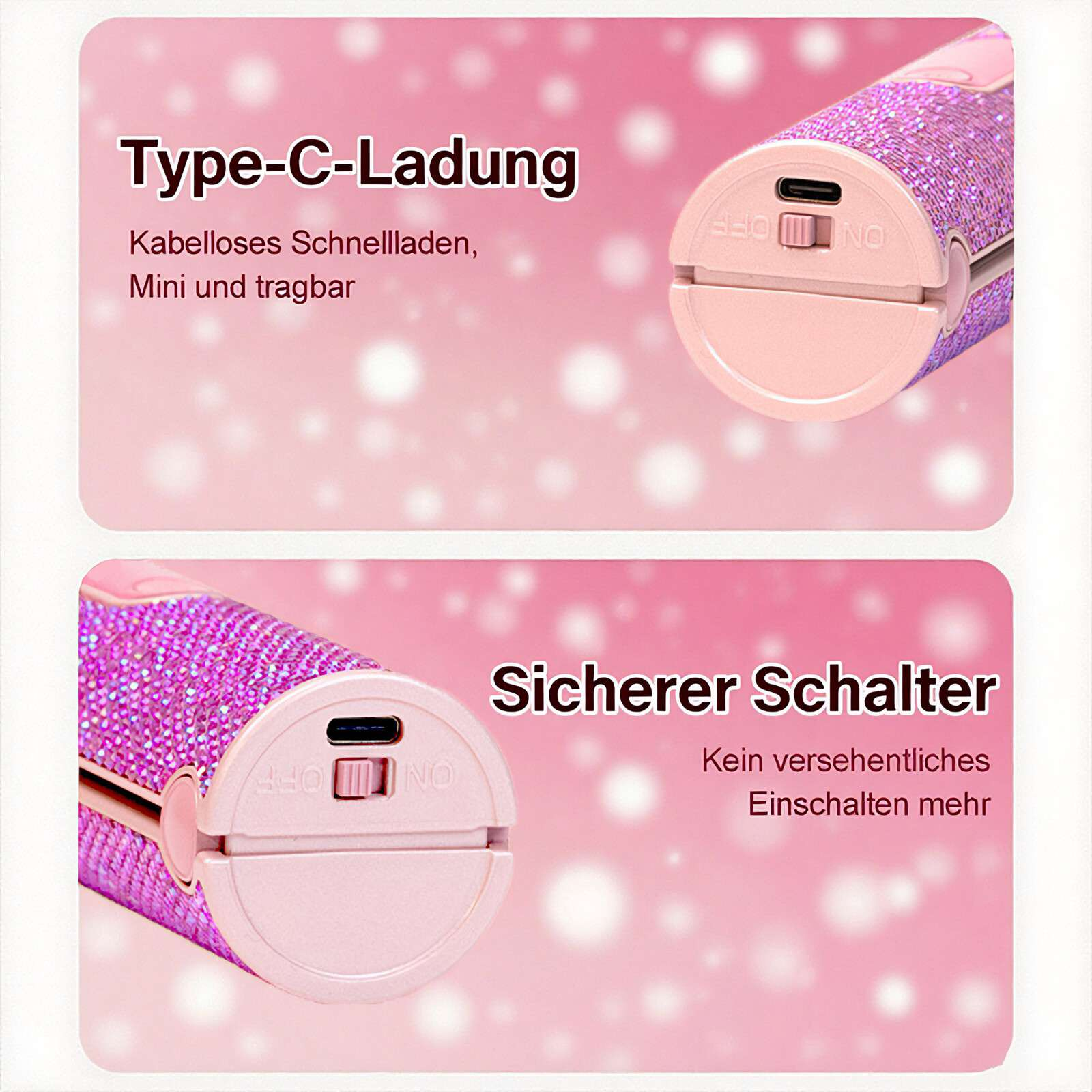 Rosa und lila verziertes Gerät. Verfügt über einen Ladeanschluss und einen Ein-/Ausschalter. Text lautet 'Type-C-Ladung' und 'Sicherer Schalter'.