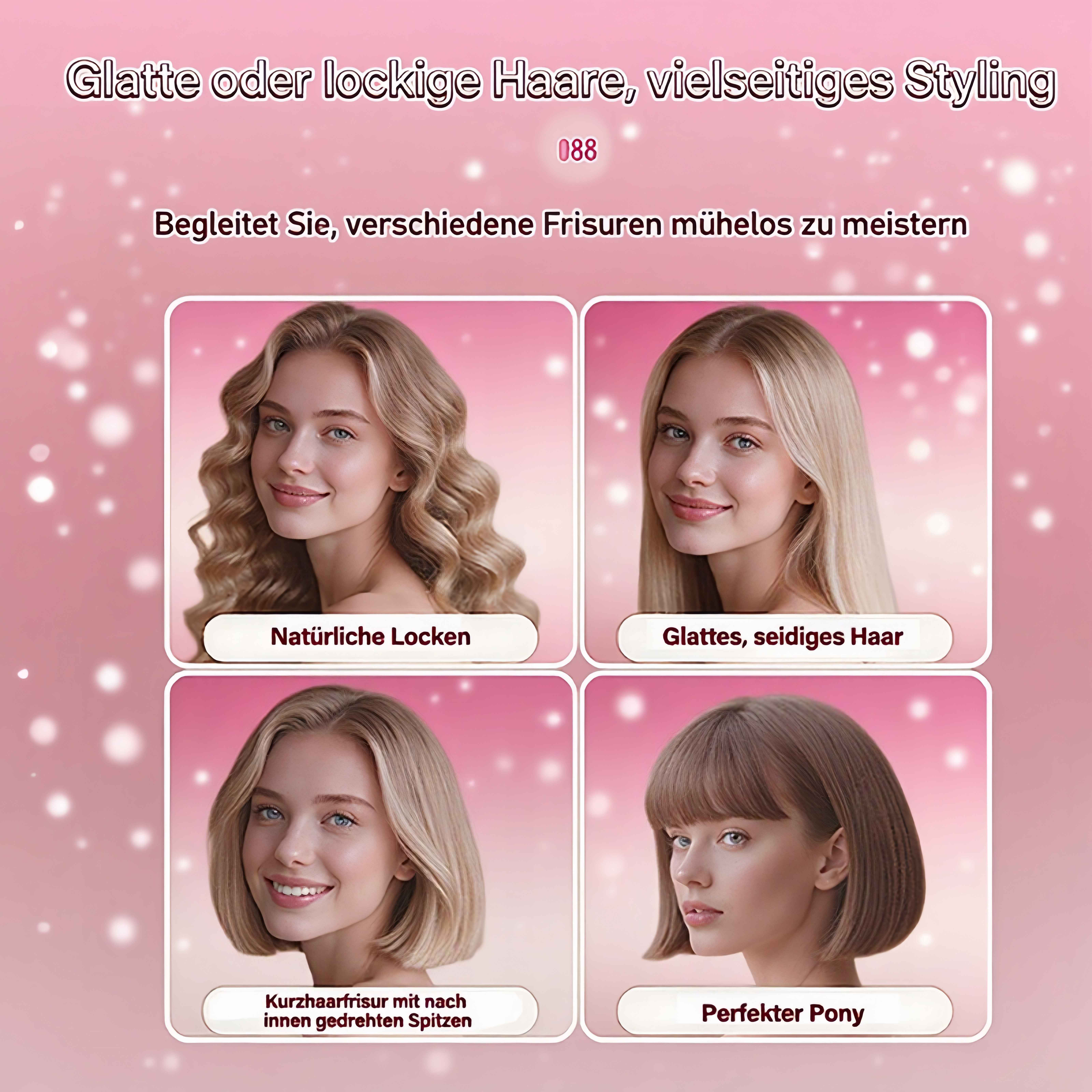 Das Bild zeigt vier Frauen mit verschiedenen Frisuren: lockig, glatt, kurzer Bob und Pony. Text auf Deutsch beschreibt Haarstyling.