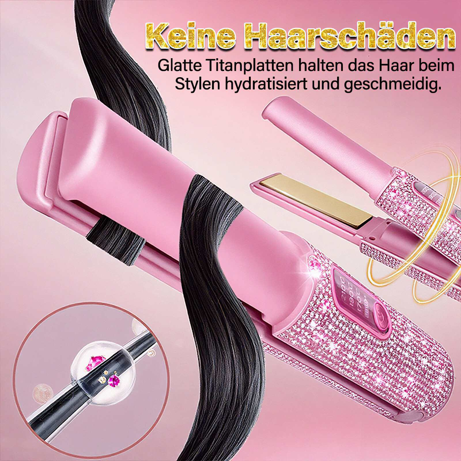 Ein pinkfarbenes Glätteisen mit einem Abschnitt schwarzer Haare. Das Glätteisen hat eine Digitalanzeige und ist mit Strasssteinen verziert.