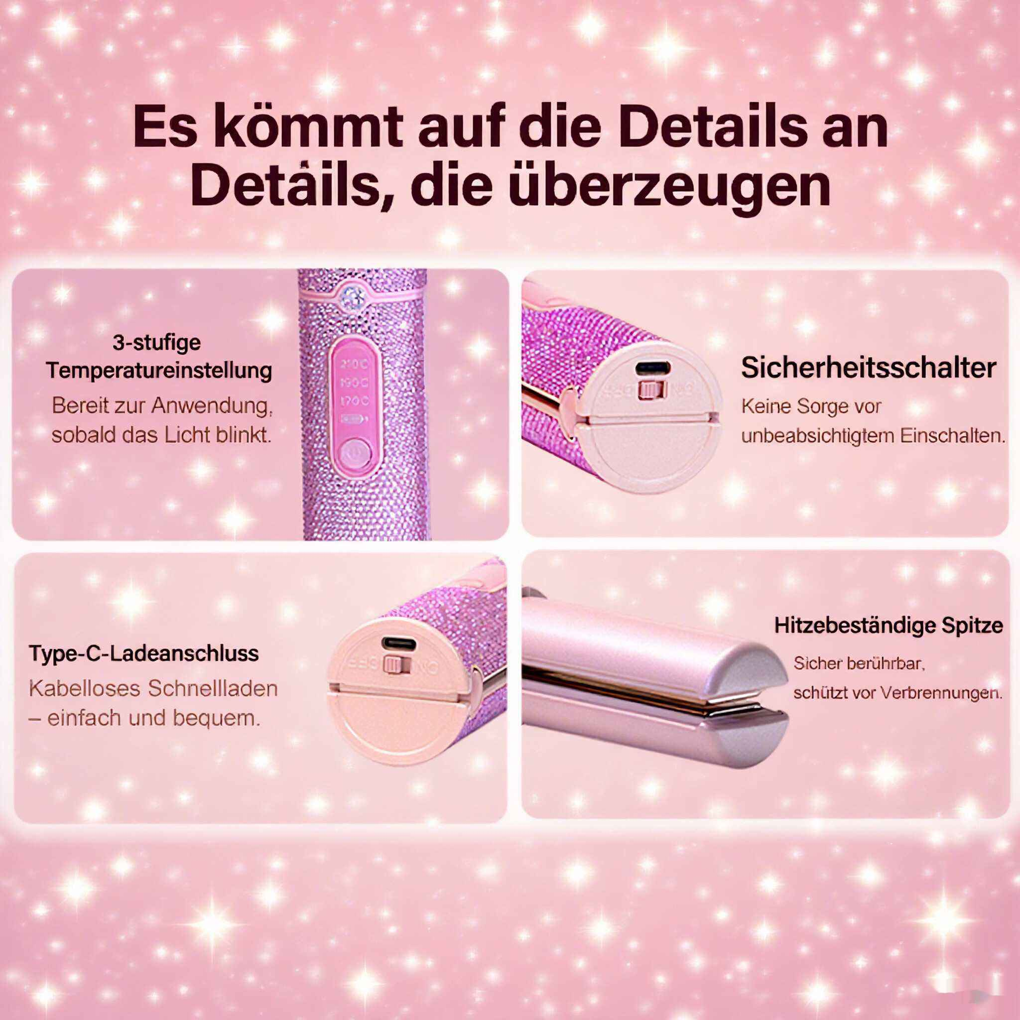 Rosa Haarglätter mit Funktionen: Temperatureinstellungen, Sicherheitsschalter, Typ-C-Laden, hitzebeständige Spitze.