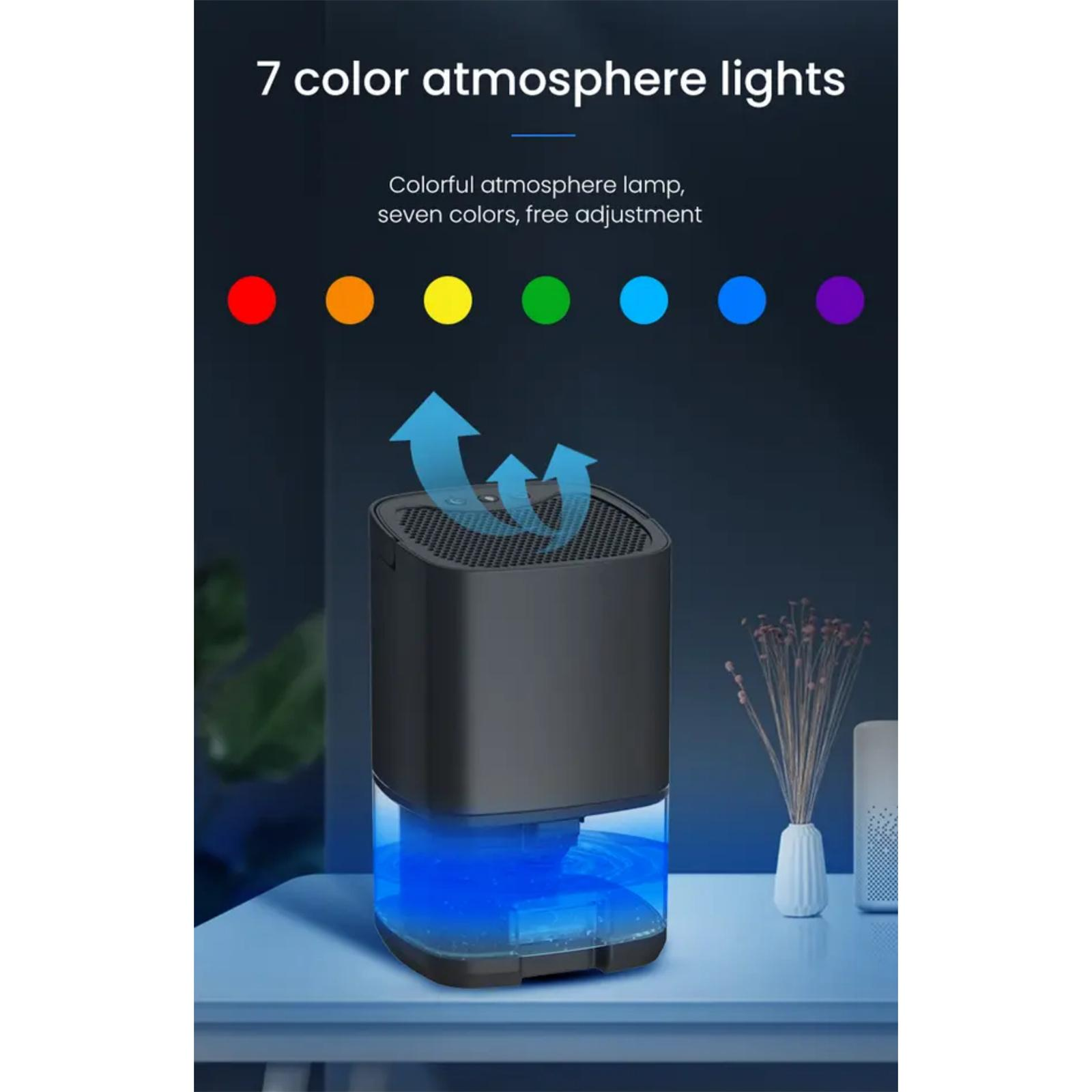 Ein schwarzer Luftbefeuchter mit blauem Licht, sieben Farblichter darüber. Der Text lautet '7 Farbatmosphärenlichter'.