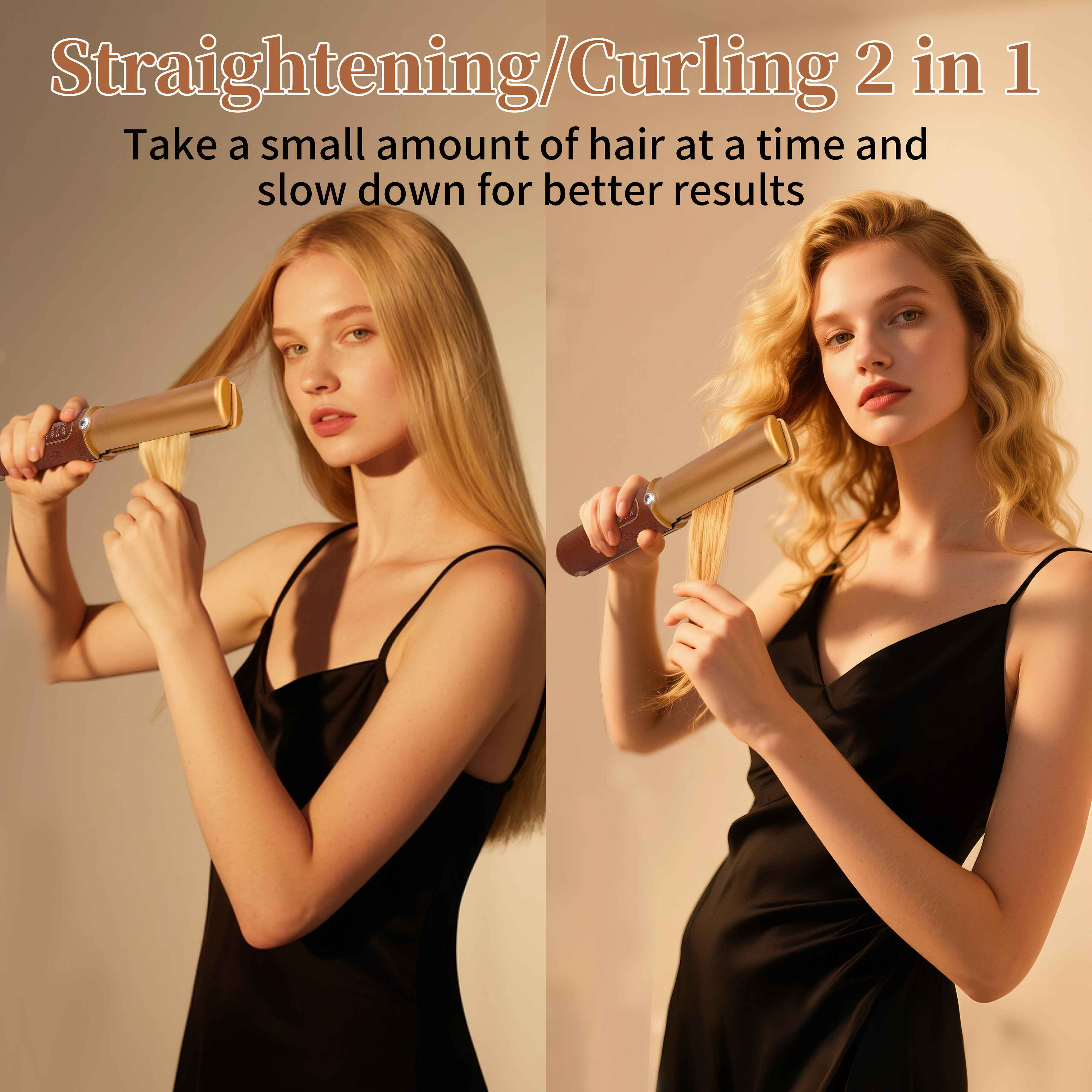 Zwei Frauen, eine glättet, die andere lockt Haare, beide mit goldenen Haarstyling-Tools.
