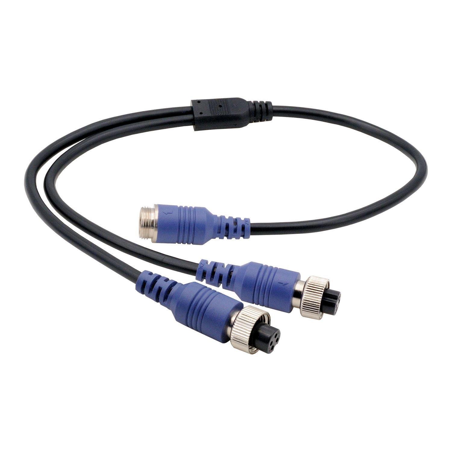 Ein schwarzes Kabel mit drei blauen Steckern. Die Stecker sind silber und schwarz. Der Hintergrund ist weiß.