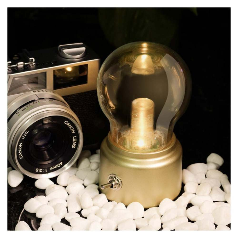 Eine goldene Lampe in Glühbirnenform, eine Canon-Kamera und weiße Steine auf schwarzem Untergrund. Die Lampe leuchtet.