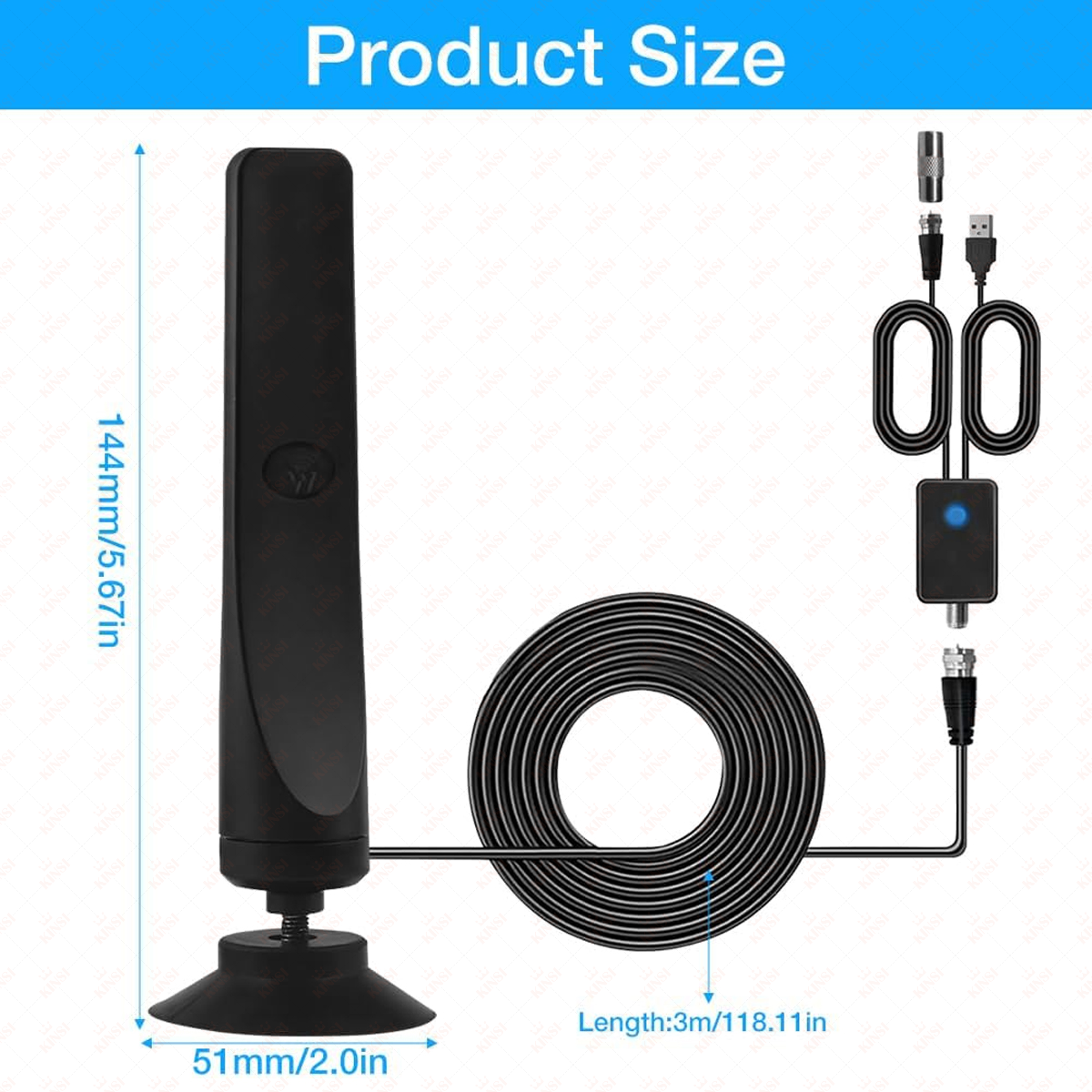 Eine schwarze Antenne mit Maßangaben. Verschiedene Kabel und Anschlüsse sind um die Antenne angeordnet.