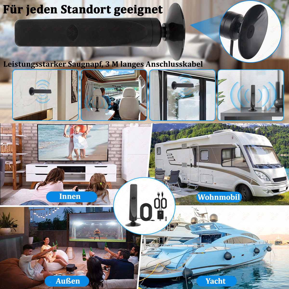 Das Bild zeigt eine Antenne mit verschiedenen Nutzungsszenarien: drinnen, Wohnmobil, Yacht und draußen. Enthält Text und Saugnapf.