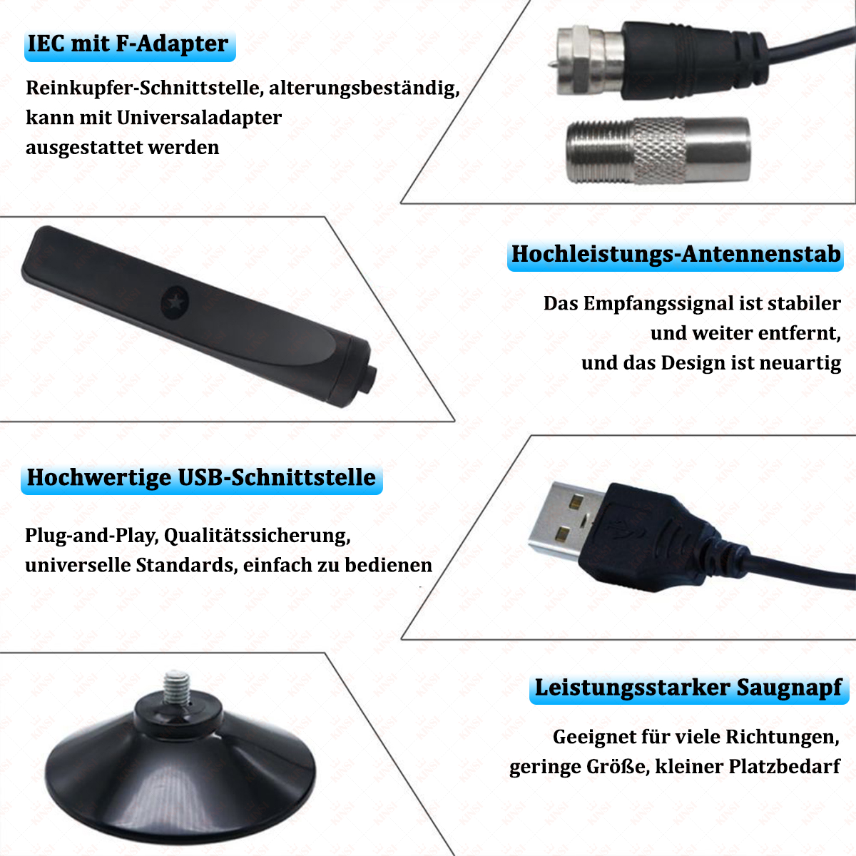 Das Bild zeigt verschiedene elektronische Komponenten: einen F-Adapter, eine Antenne, ein USB-Kabel und einen Saugnapf, mit Textbeschreibungen.