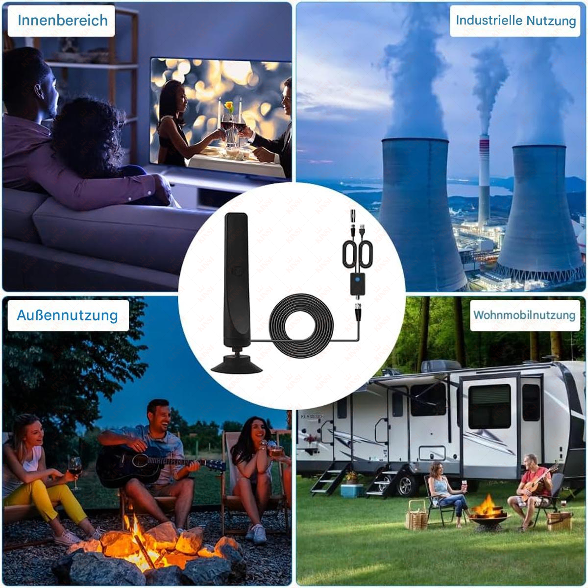 Das Bild zeigt Szenen in Innenräumen, Industrie, im Freien und in einem Wohnmobil. In der Mitte befindet sich eine TV-Antenne.