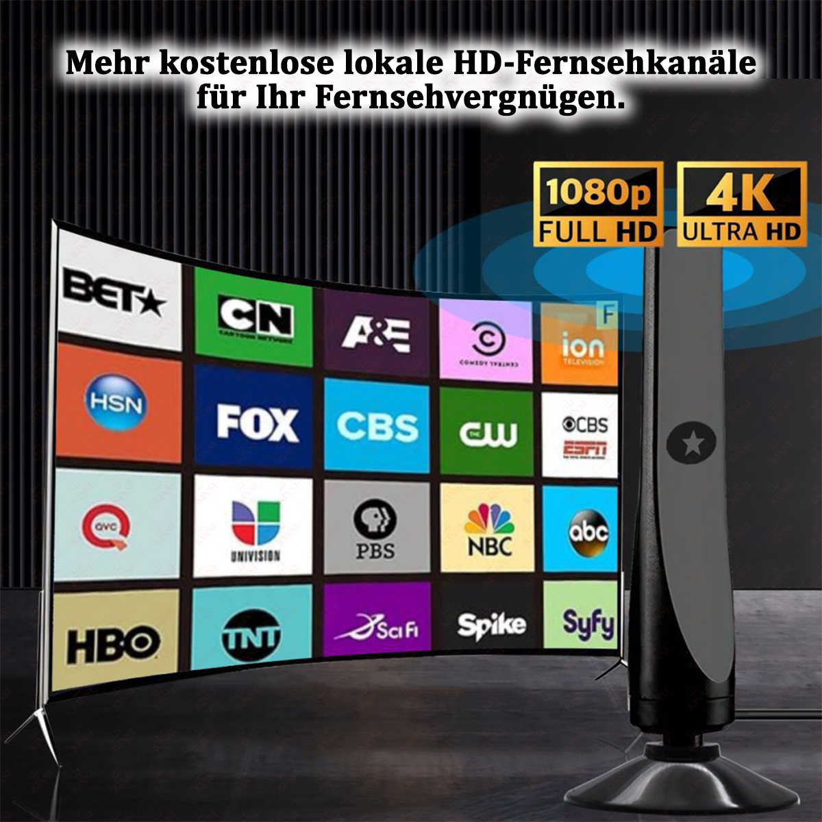 Ein geschwungener Fernsehbildschirm mit Senderlogos. Rechts steht eine schwarze Antenne. Text oben: 'Mehr kostenlose HD-Kanäle'.