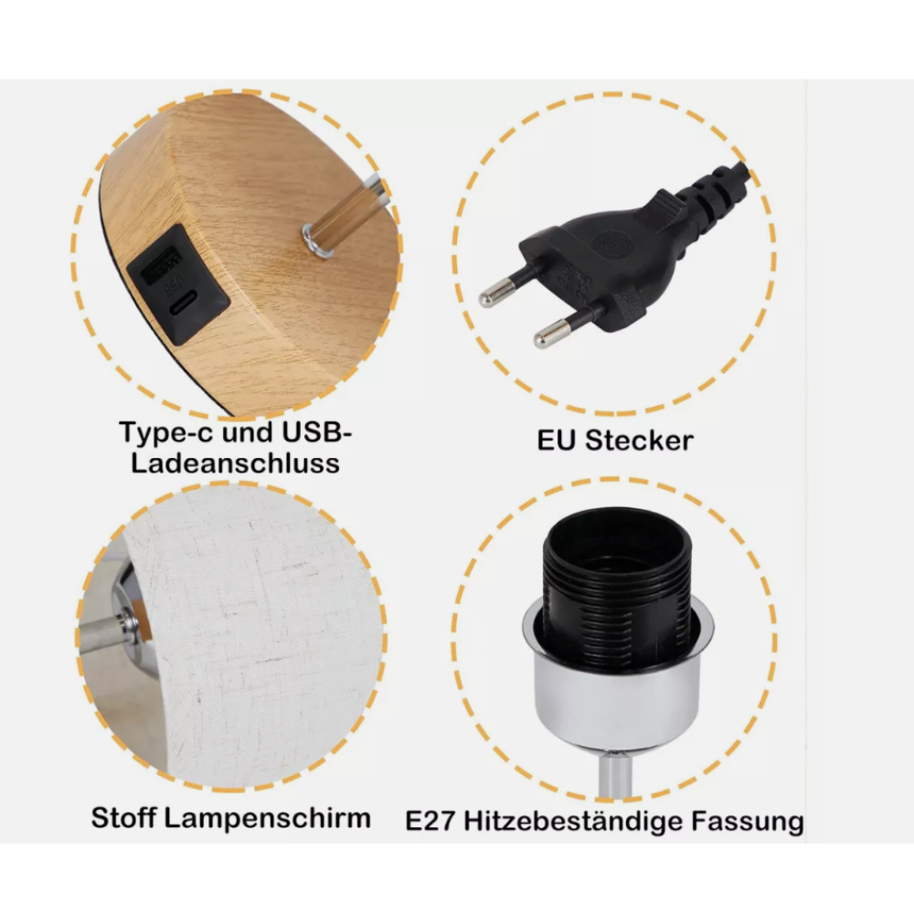 Das Bild zeigt Lampenteile: Holzsockel mit USB-Anschluss, EU-Stecker, Stofflampenschirm und E27-Fassung. Alles auf Deutsch beschriftet.