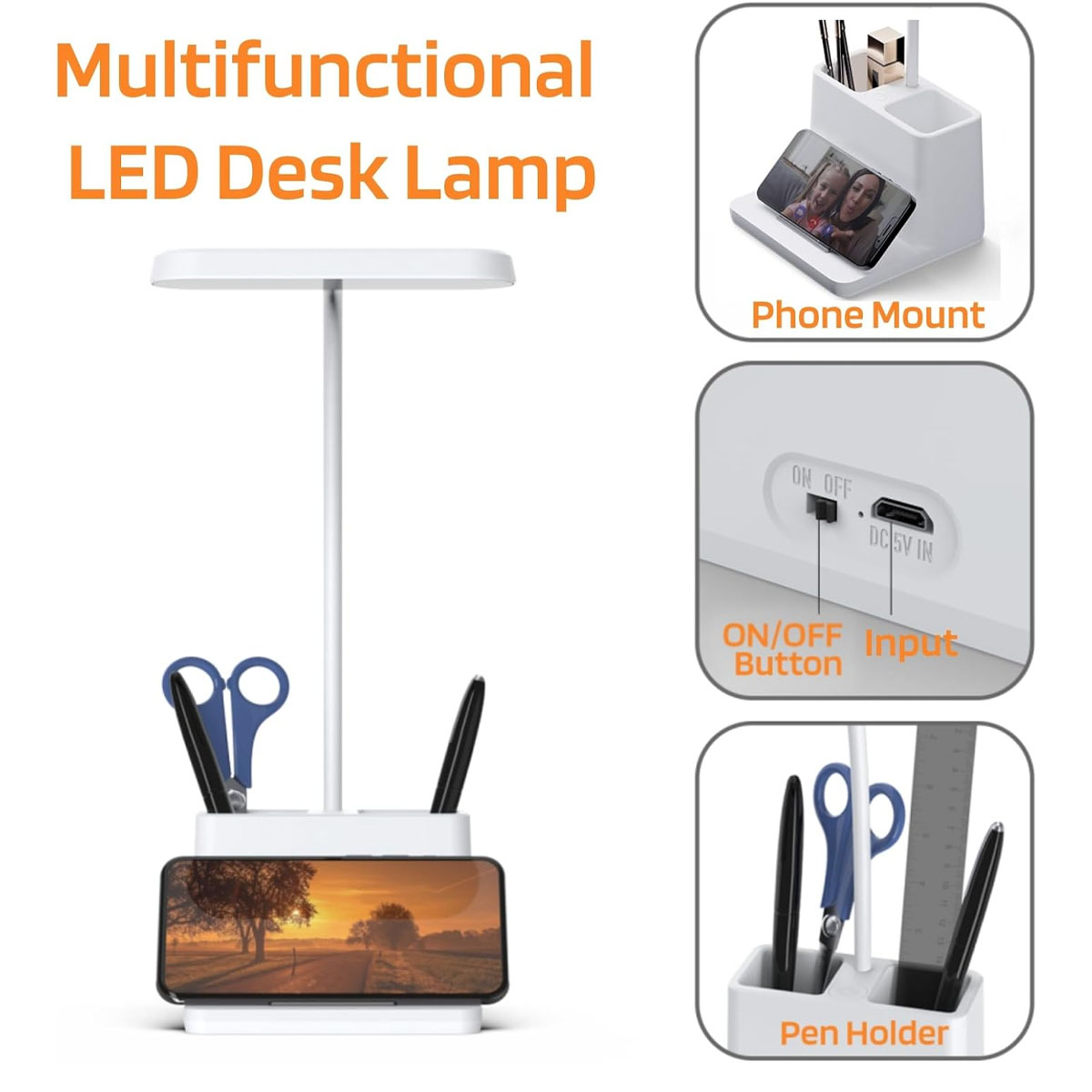 Eine weiße, multifunktionale LED-Schreibtischlampe mit Telefonhalterung und Stifthalter. Merkmale sind ein Ein-/Ausschalter und ein Eingangsanschluss.