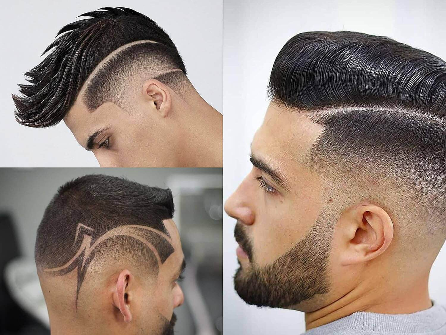 Das Bild zeigt verschiedene Herrenfrisuren. Einer hat einen hohen Fade mit einem Seitenscheitel. Ein anderer hat ein Design in die Seite des Kopfes geschnitten.