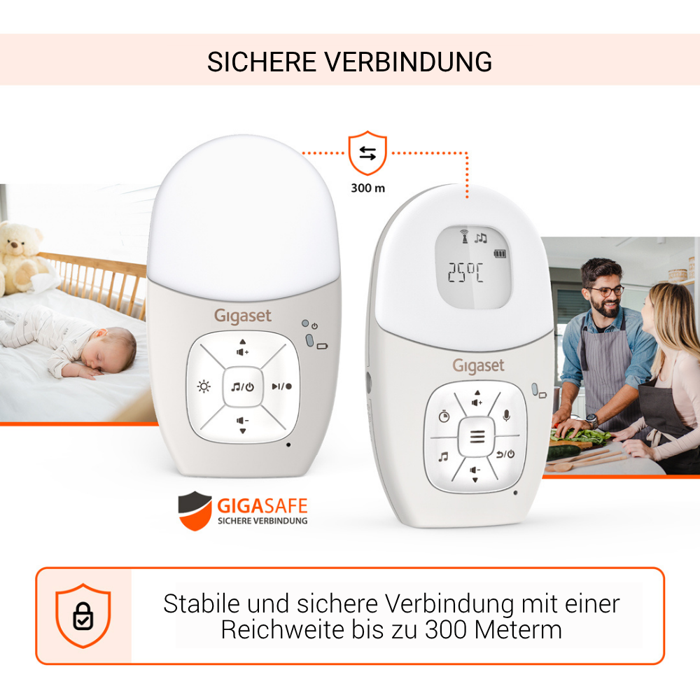 Das Bild zeigt Babyphone-Geräte. Links schläft ein Baby. Rechts ein Paar in der Küche. Text sagt sichere Verbindung.