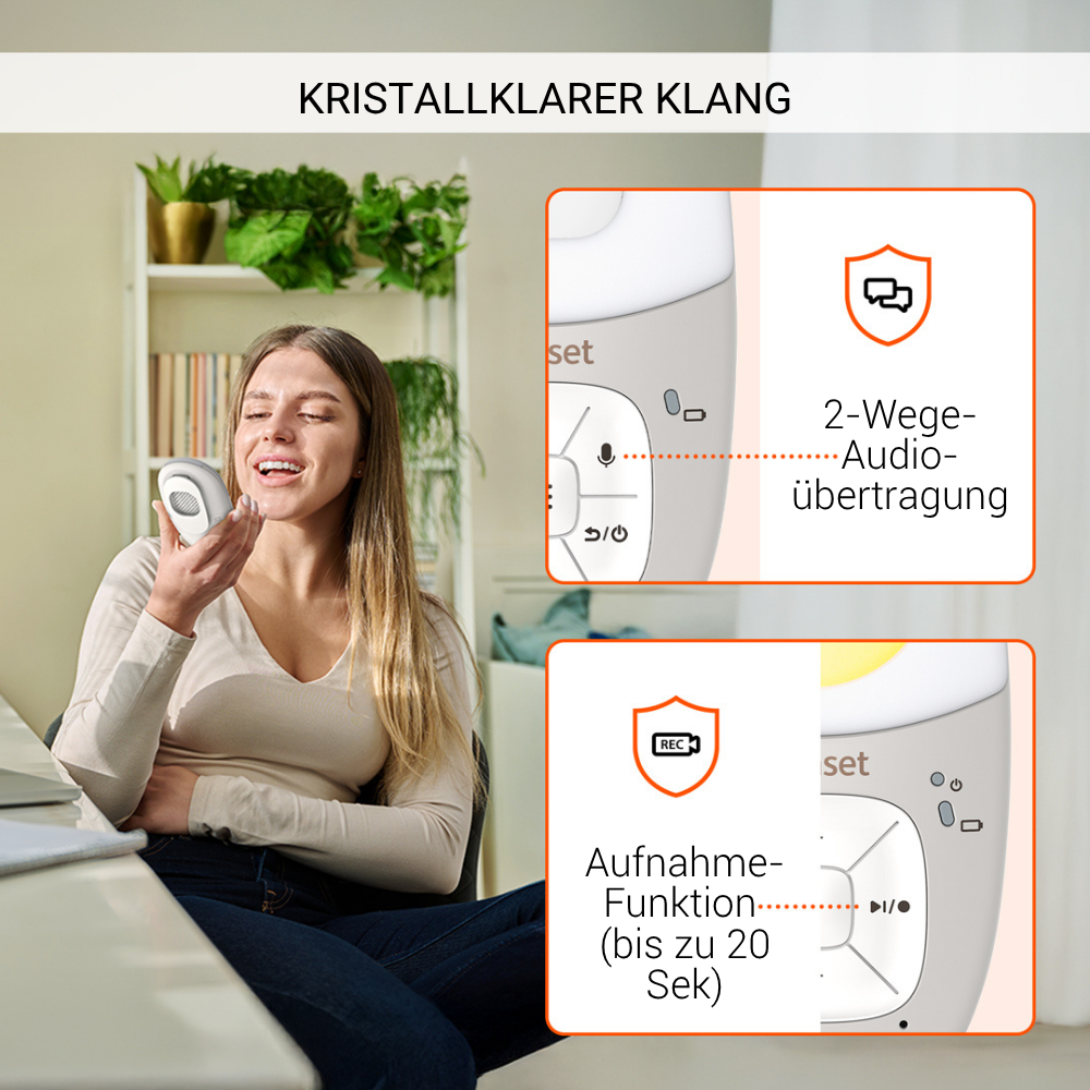 Eine Frau spricht in einen Babyphone. Symbole zeigen Zwei-Wege-Audio und Aufnahmefunktionen. Text sagt 'Kristallklarer Klang'.