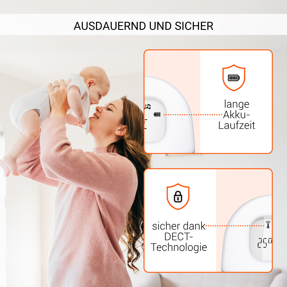 Eine Frau hält ein Baby in der Luft. Text: Ausdauernd und Sicher, lange Akku-Laufzeit und Sicher dank DECT-Technologie.
