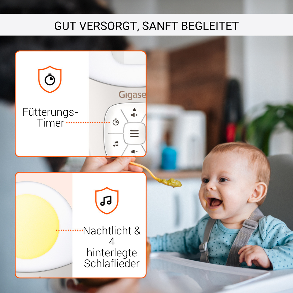 Ein Baby lächelt beim Füttern. Das Bild enthält Produktdetails und Funktionen wie einen Fütterungs-Timer und Nachtlicht.