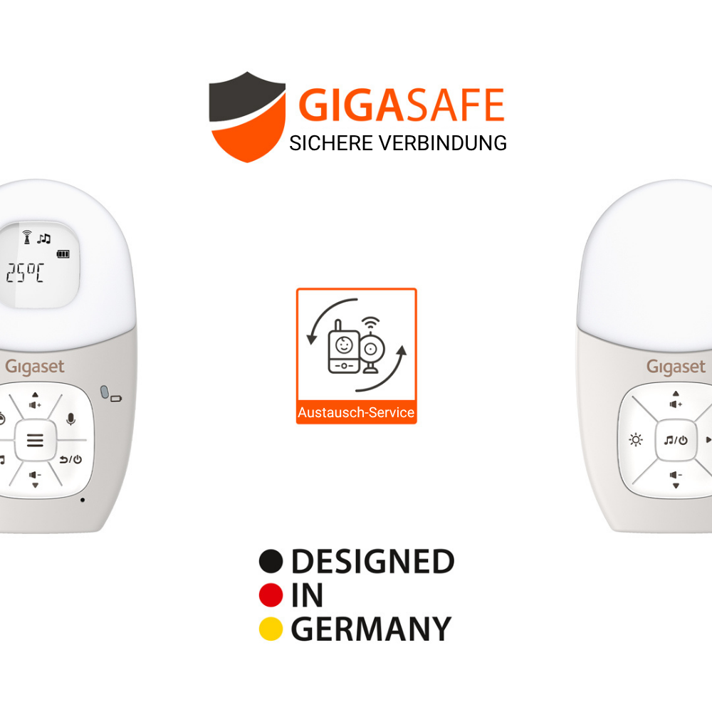 Zwei Gigaset-Babyphone, ein Logo und der Text 'Designed in Germany' auf weißem Hintergrund. Ein orangefarbenes Austausch-Service-Symbol ist vorhanden.