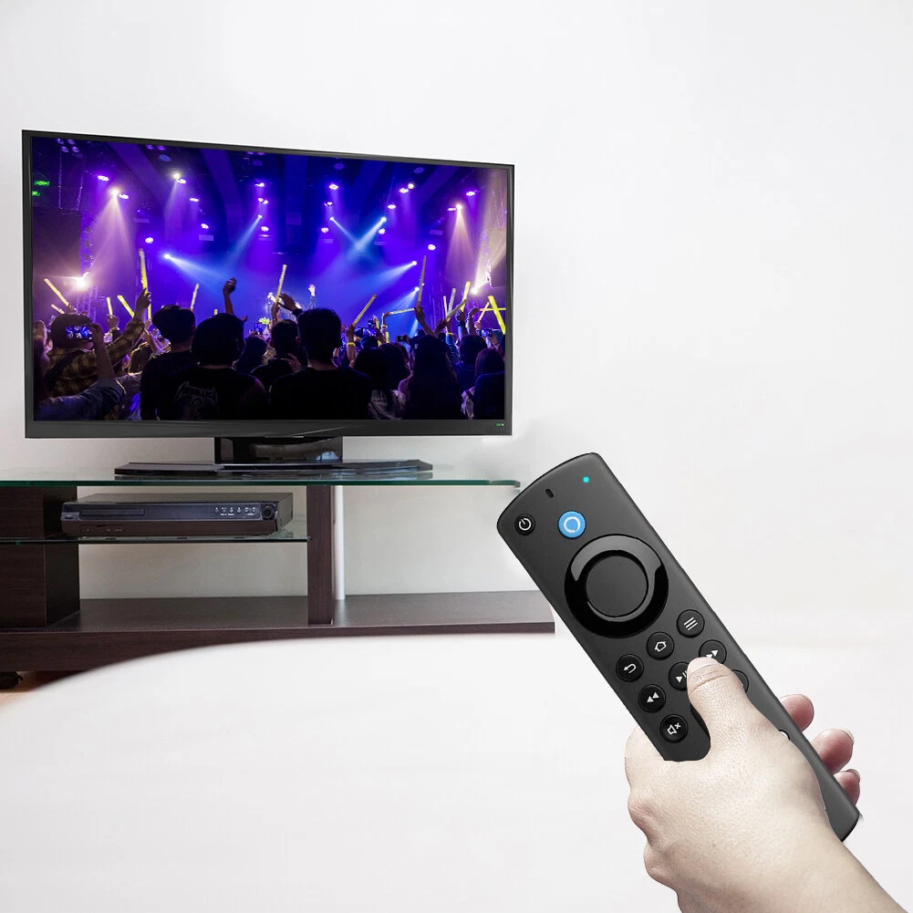 Hand hält eine schwarze Fernbedienung, TV zeigt eine Konzertszenen. Fernseher steht auf einem Glasregal mit DVD-Player. Weißer Wandhintergrund.