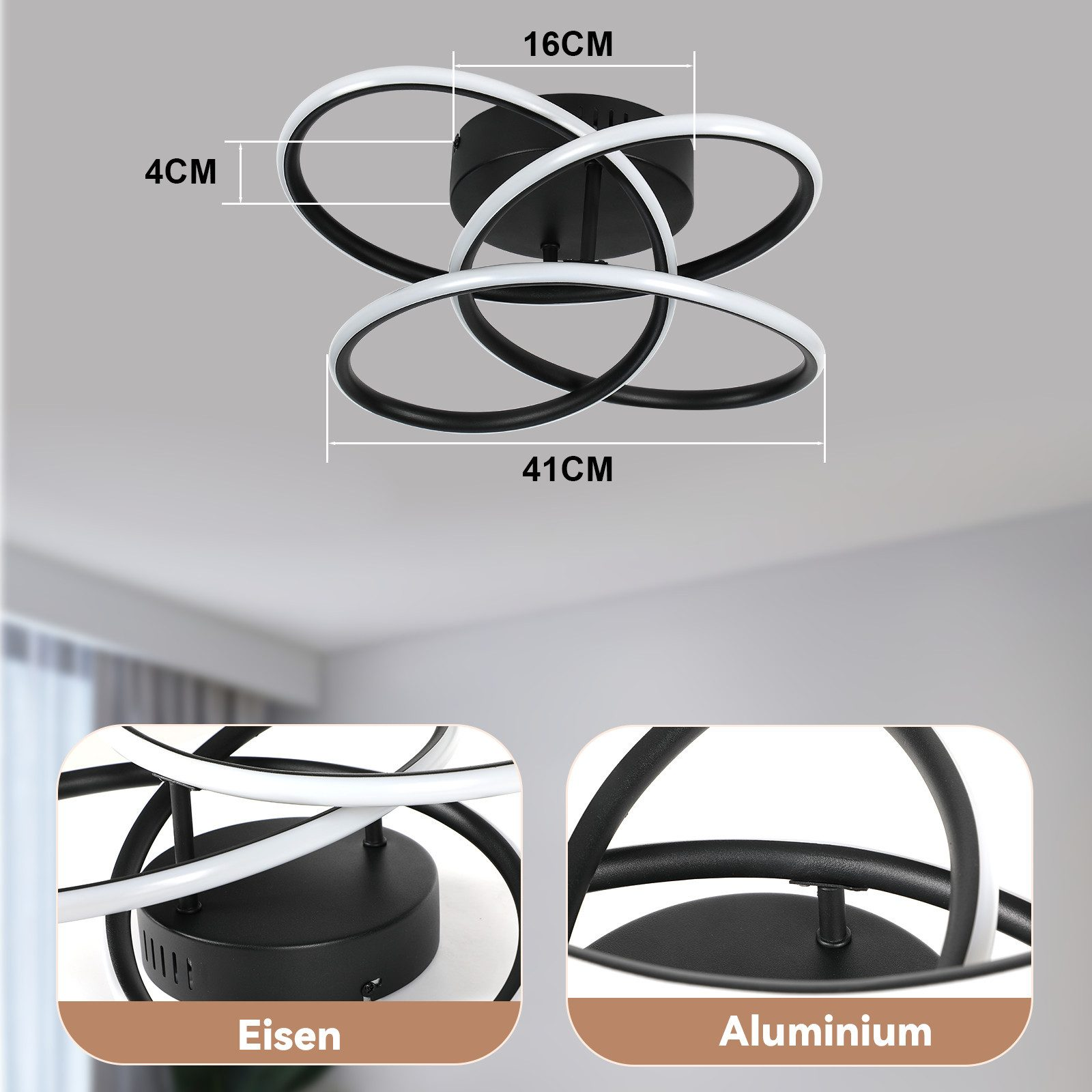 Una moderna lámpara de techo con marco negro y anillos LED blancos. Dimensiones etiquetadas. Dos tomas detalladas muestran 'Eisen' y 'Aluminium'.