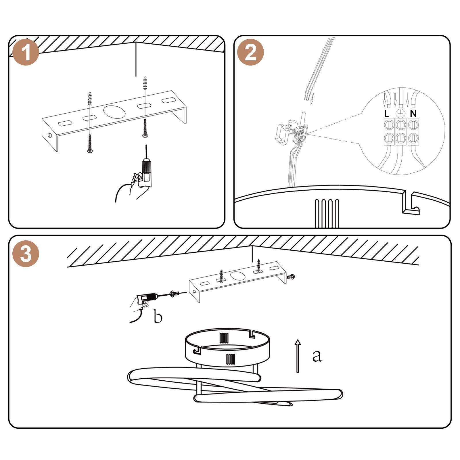 Diagrama que muestra los pasos para montar una lámpara. Incluye soporte, cables y tornillos. Las flechas indican la dirección.